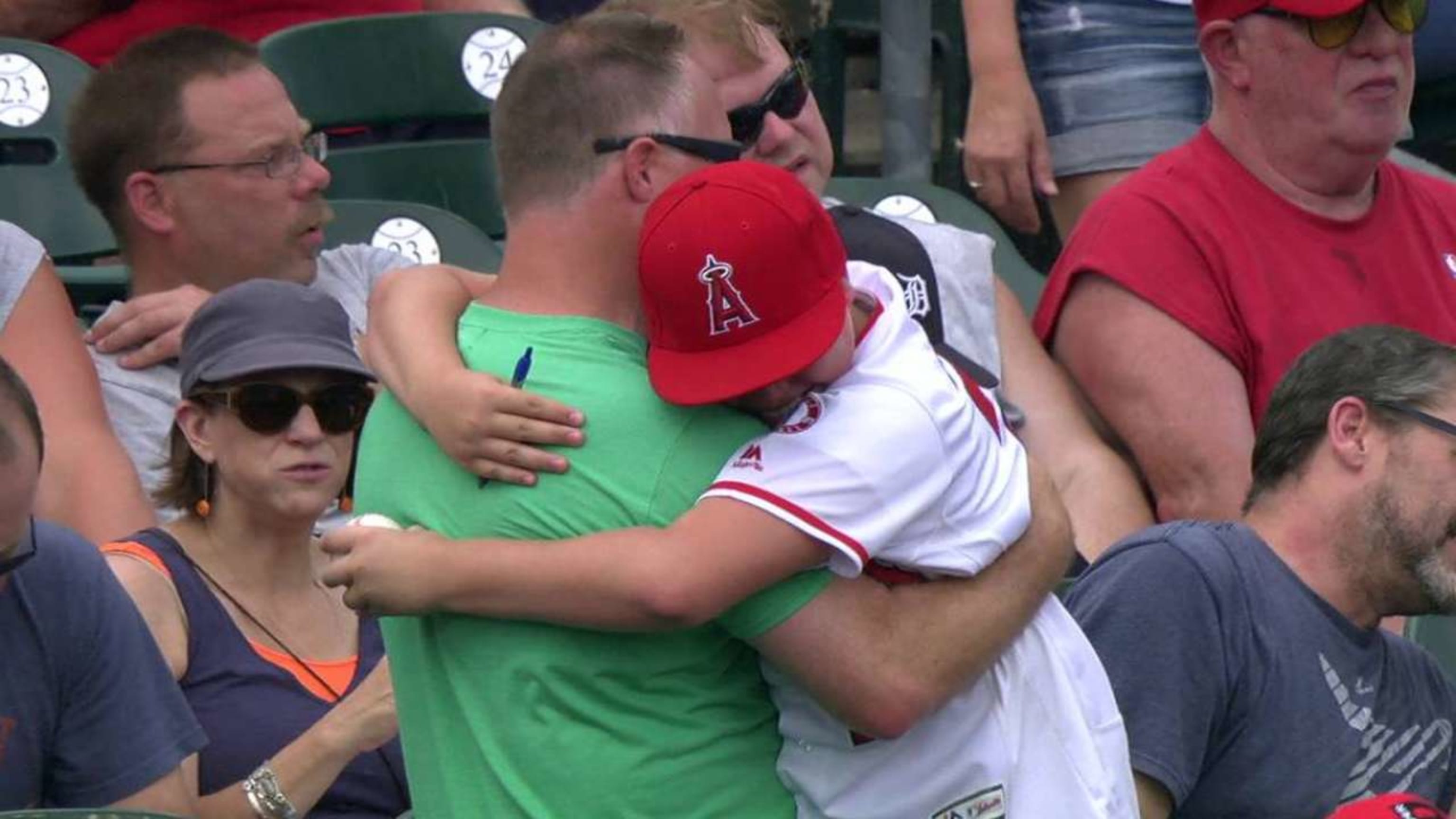 A young fan reacts during a game between the Los Angeles Angels