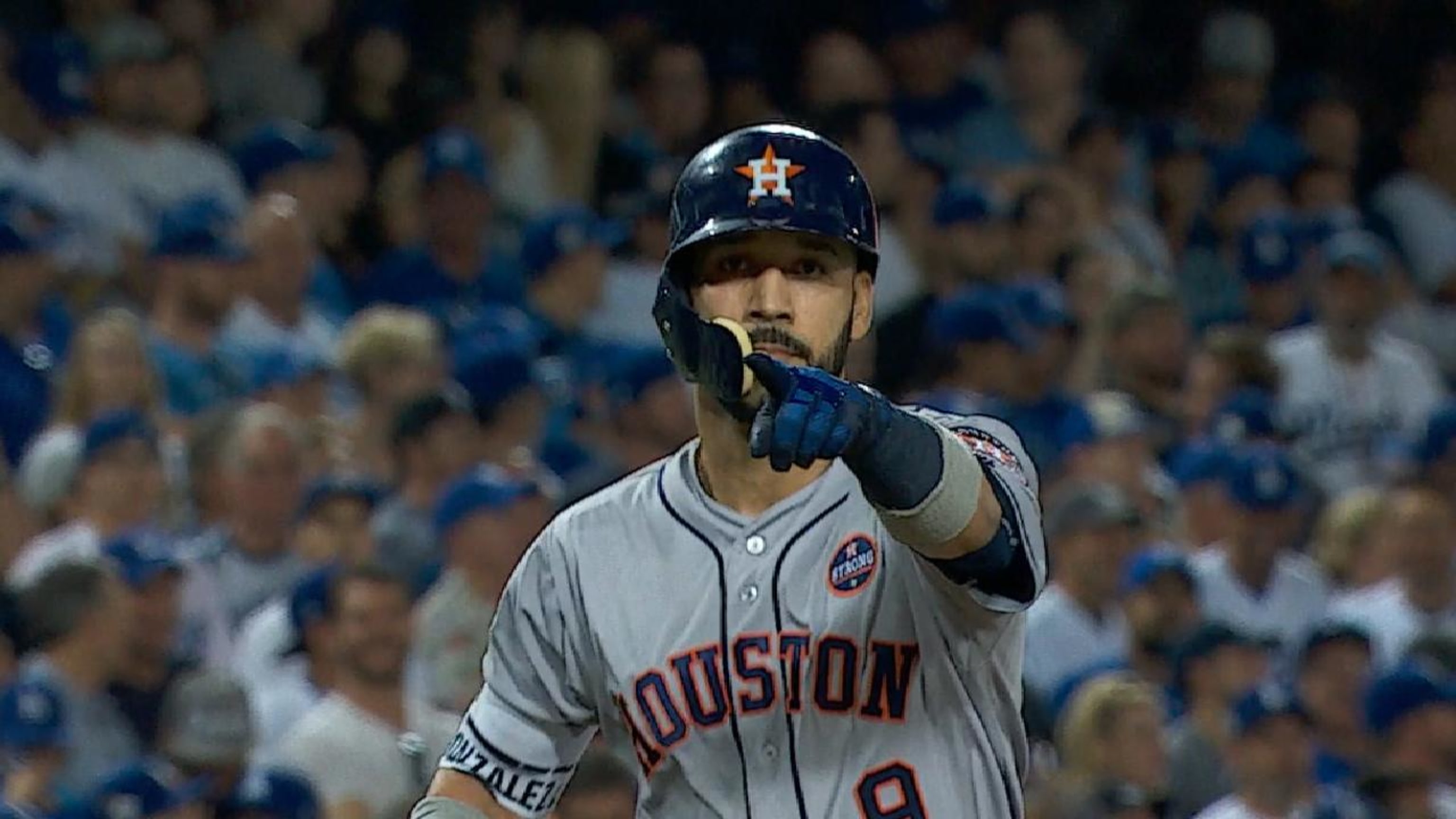 Houston Astros left fielder Marwin Gonzalez, from left, Carlos Correa and  George Springer celebrate their win against the Los Angeles Dodgers during  Game 2 of baseball's World Series Wednesday, Oc …