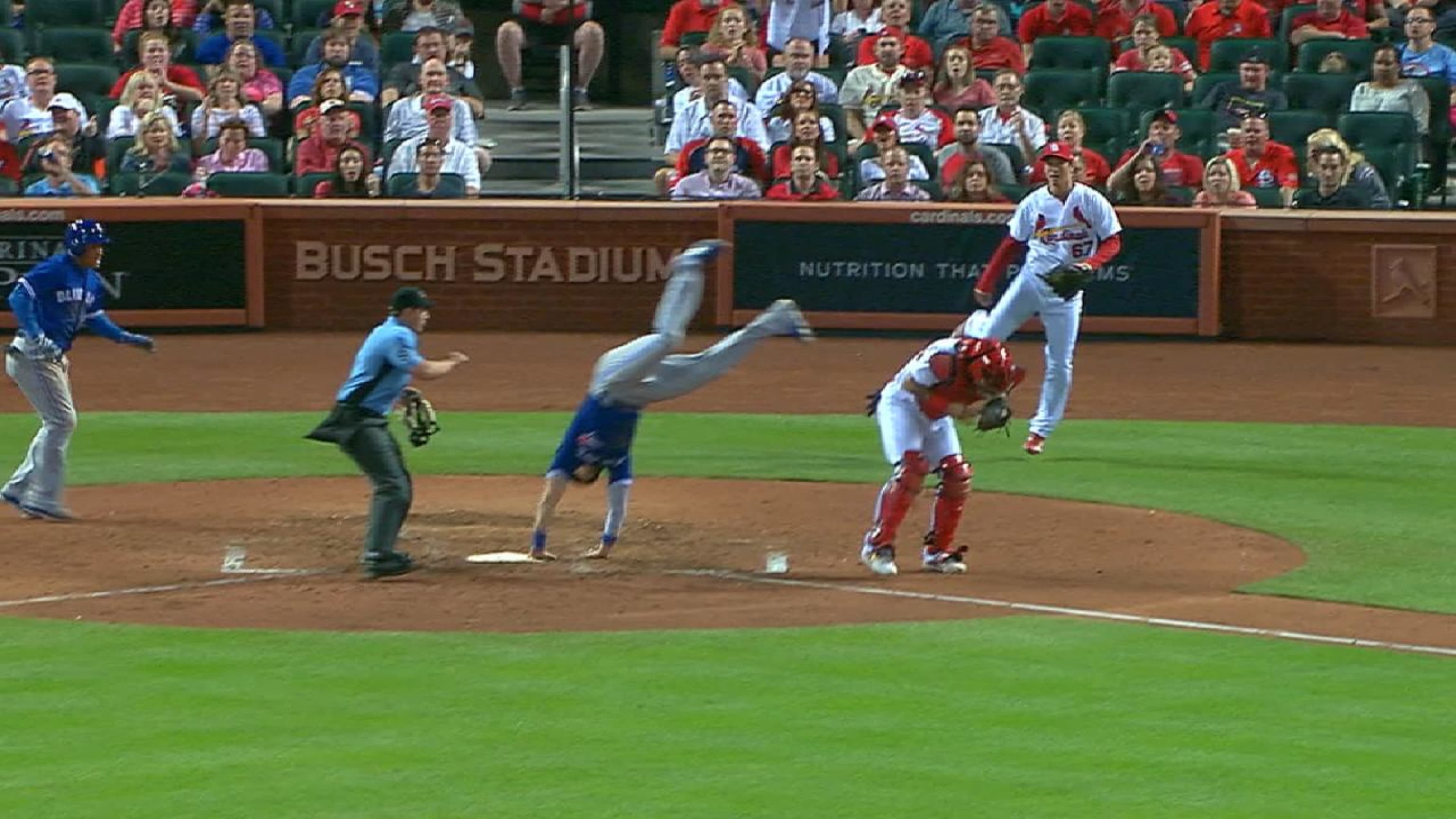 VIDEO: Blue Jays' Chris Coghlan flips over Yadier Molina during