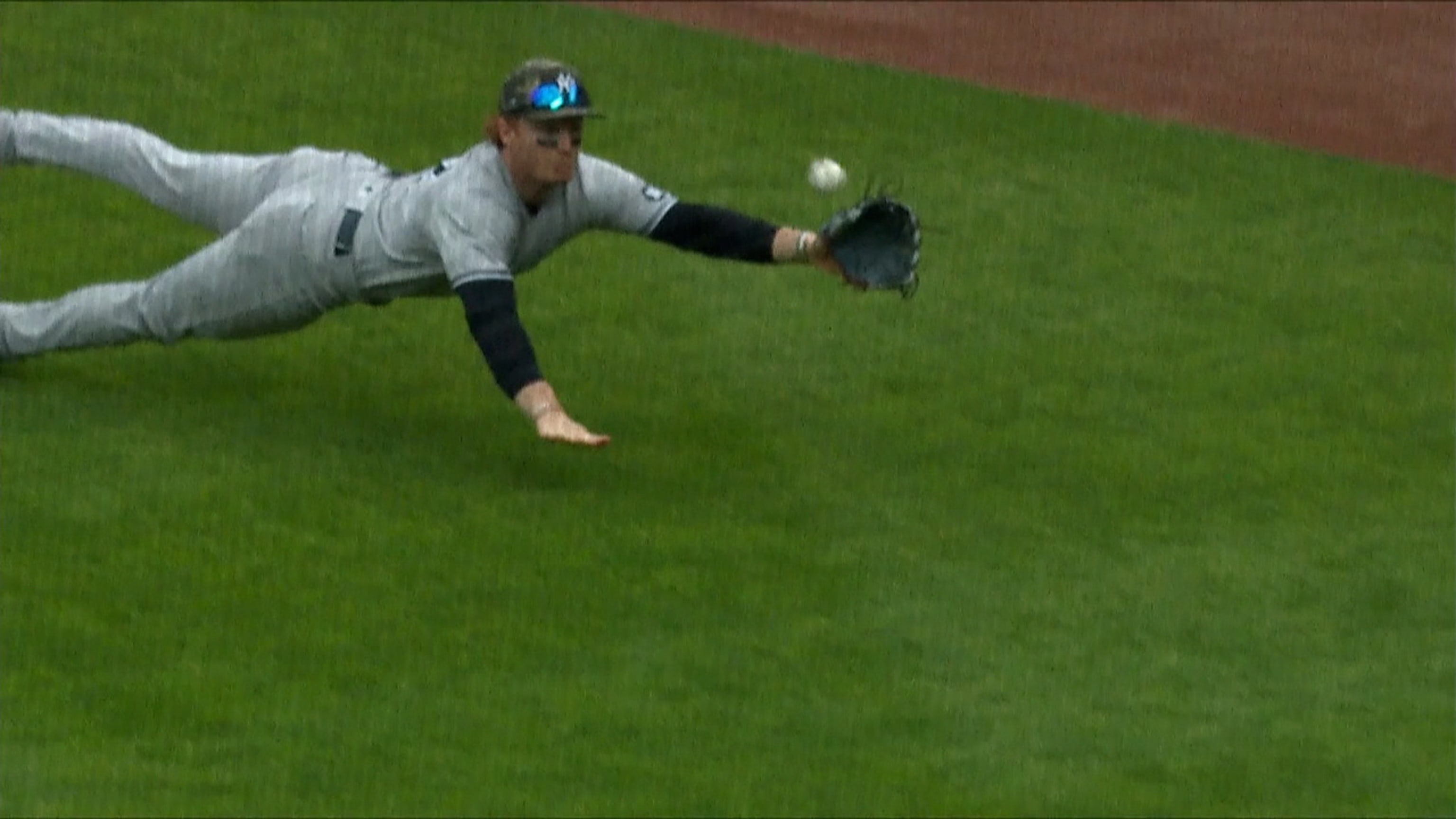 clint frazier makes diving catch breaks sunglasses