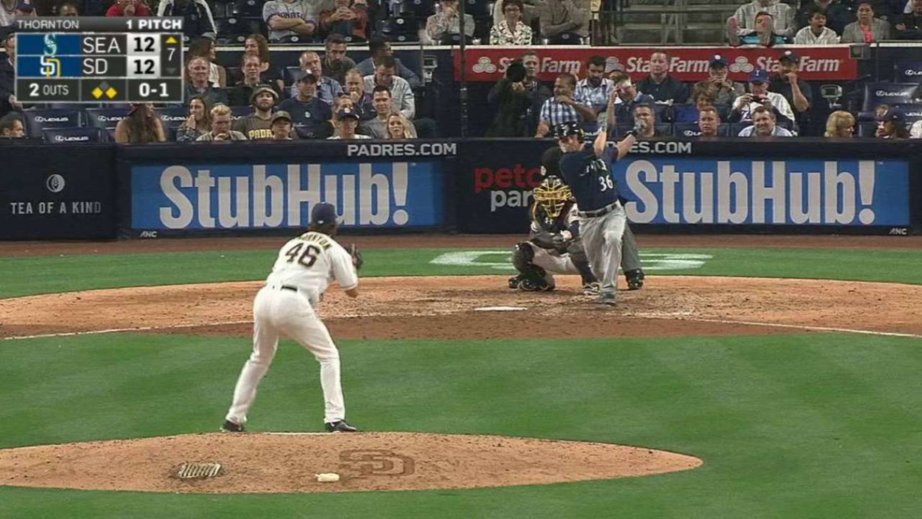 Seattle Mariners first baseman Dae-Ho Lee bats reacts after