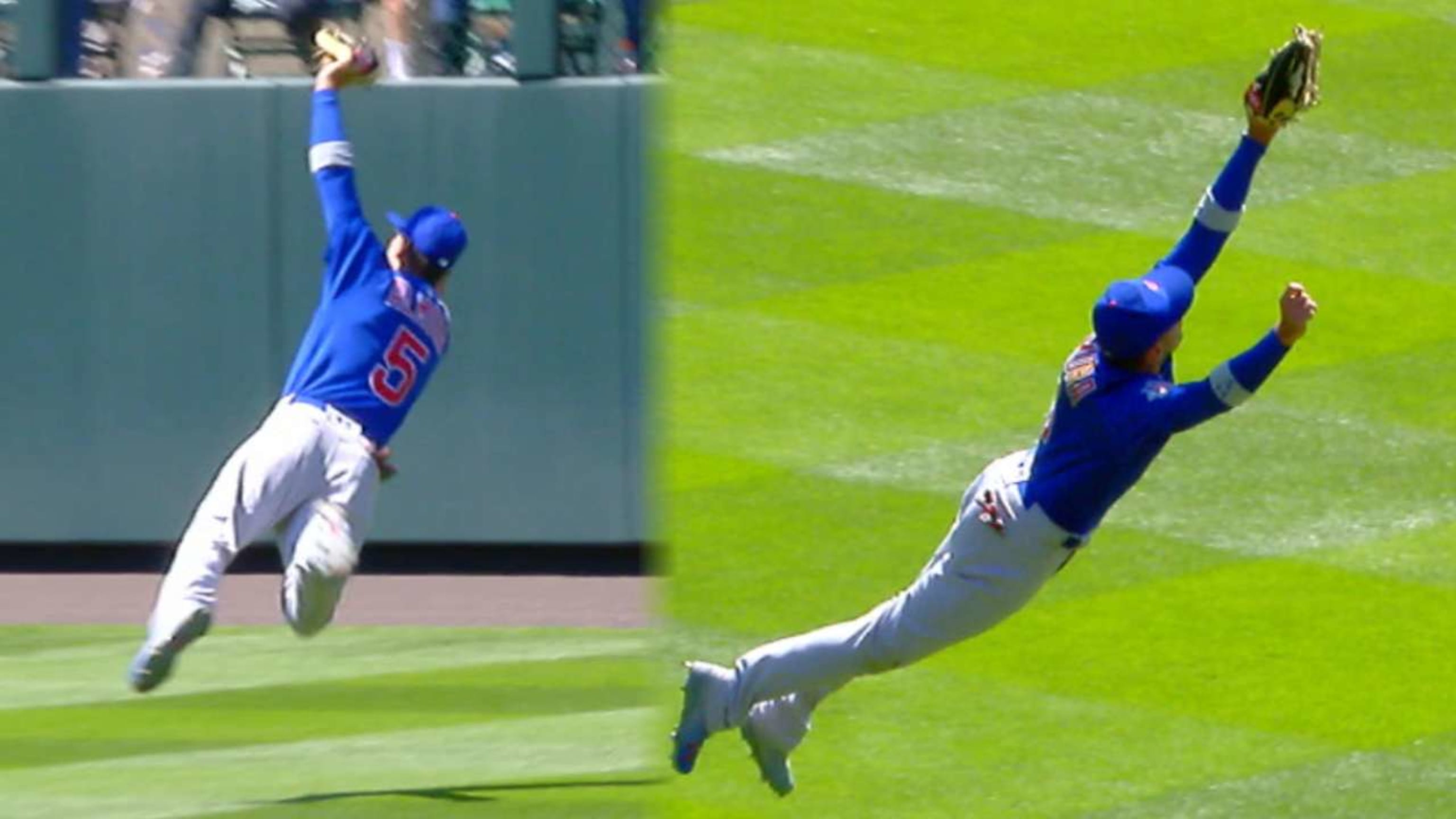 Chicago Cubs' Albert Almora Jr., right, reacts after hitting a