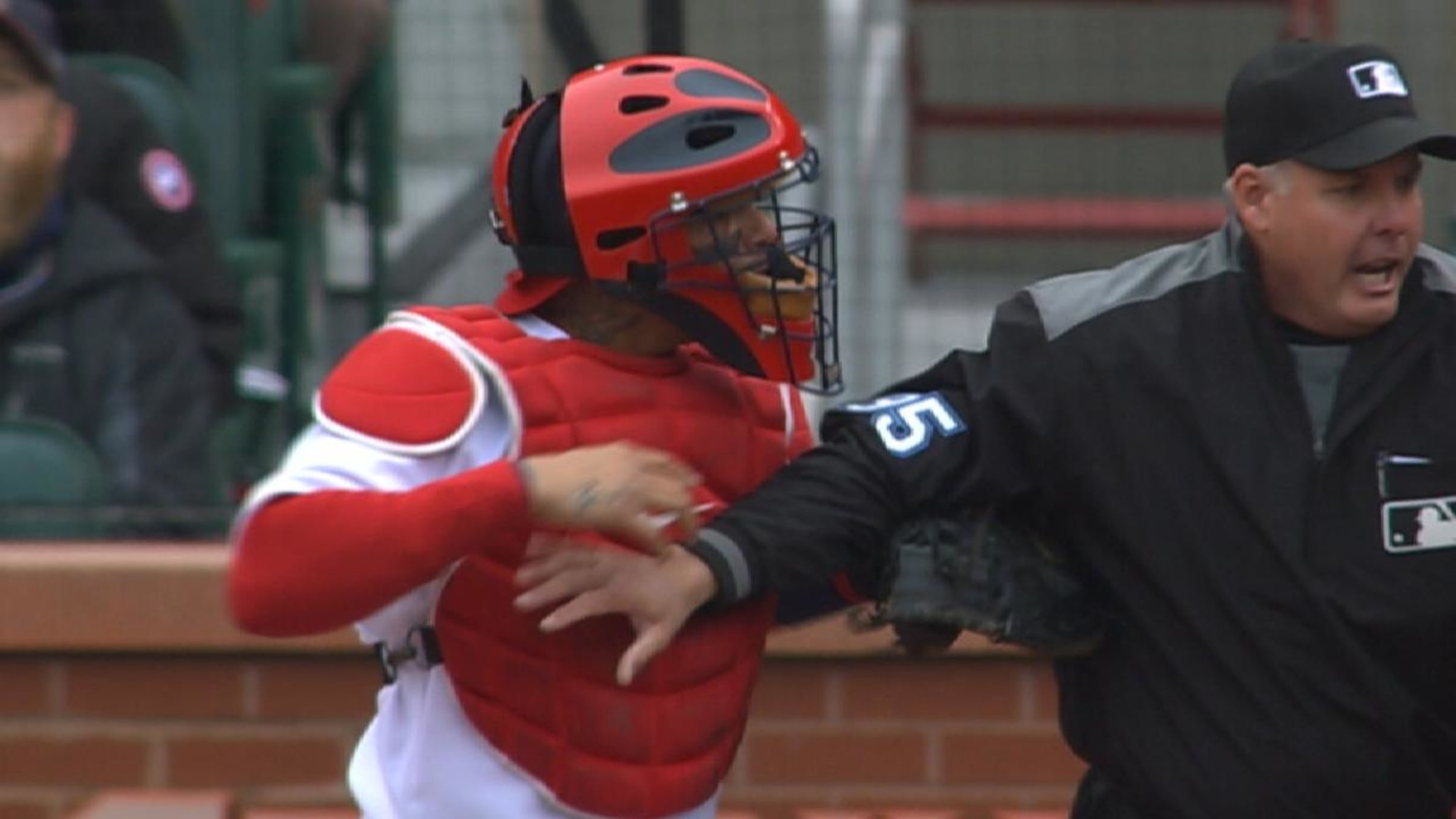 Yadier Molina somehow avoids ejection after putting hands on ump
