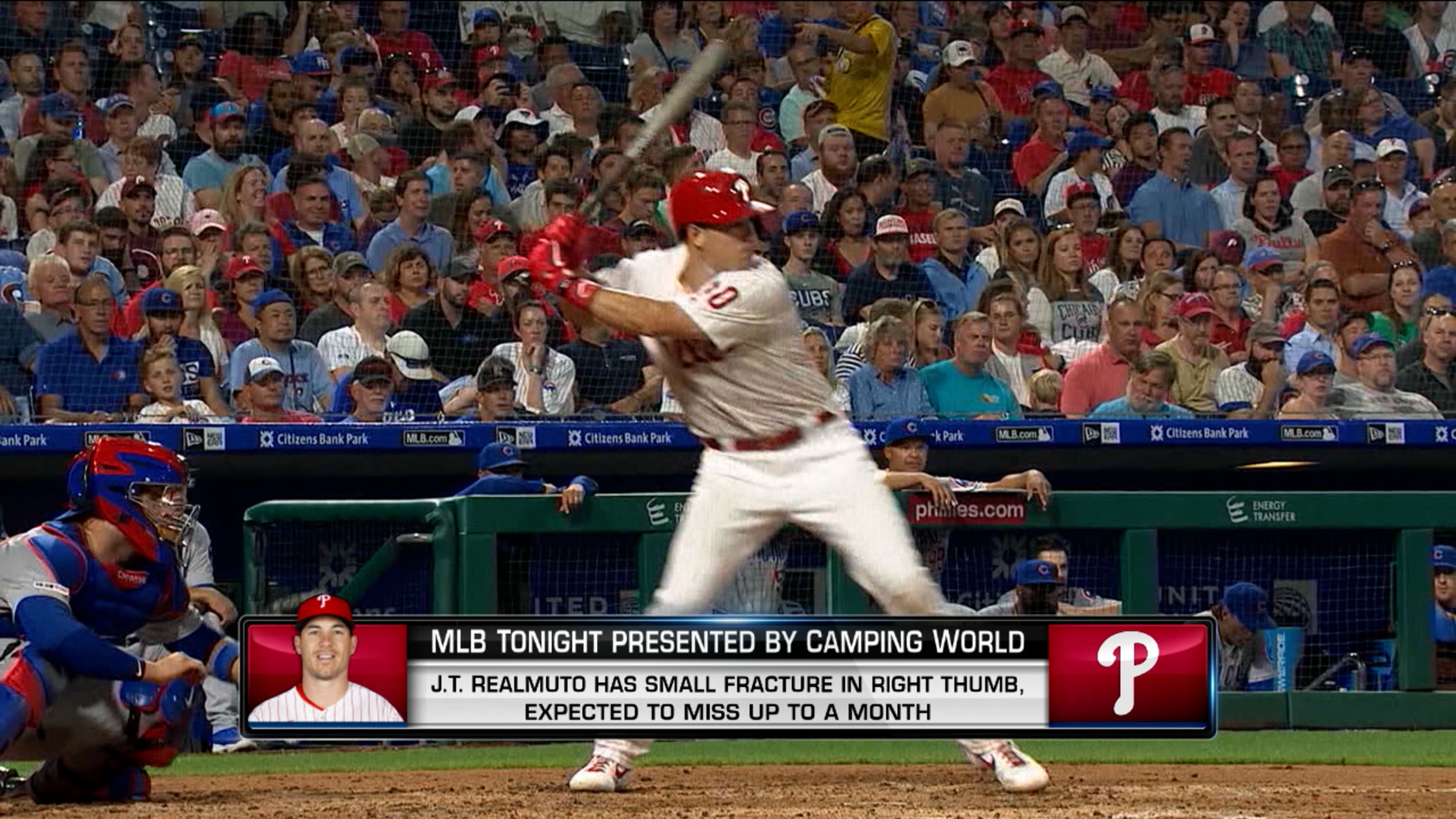 PHILS JT REALMUTO CATCHES IN SPRING TRAINING WEARING A CAST!