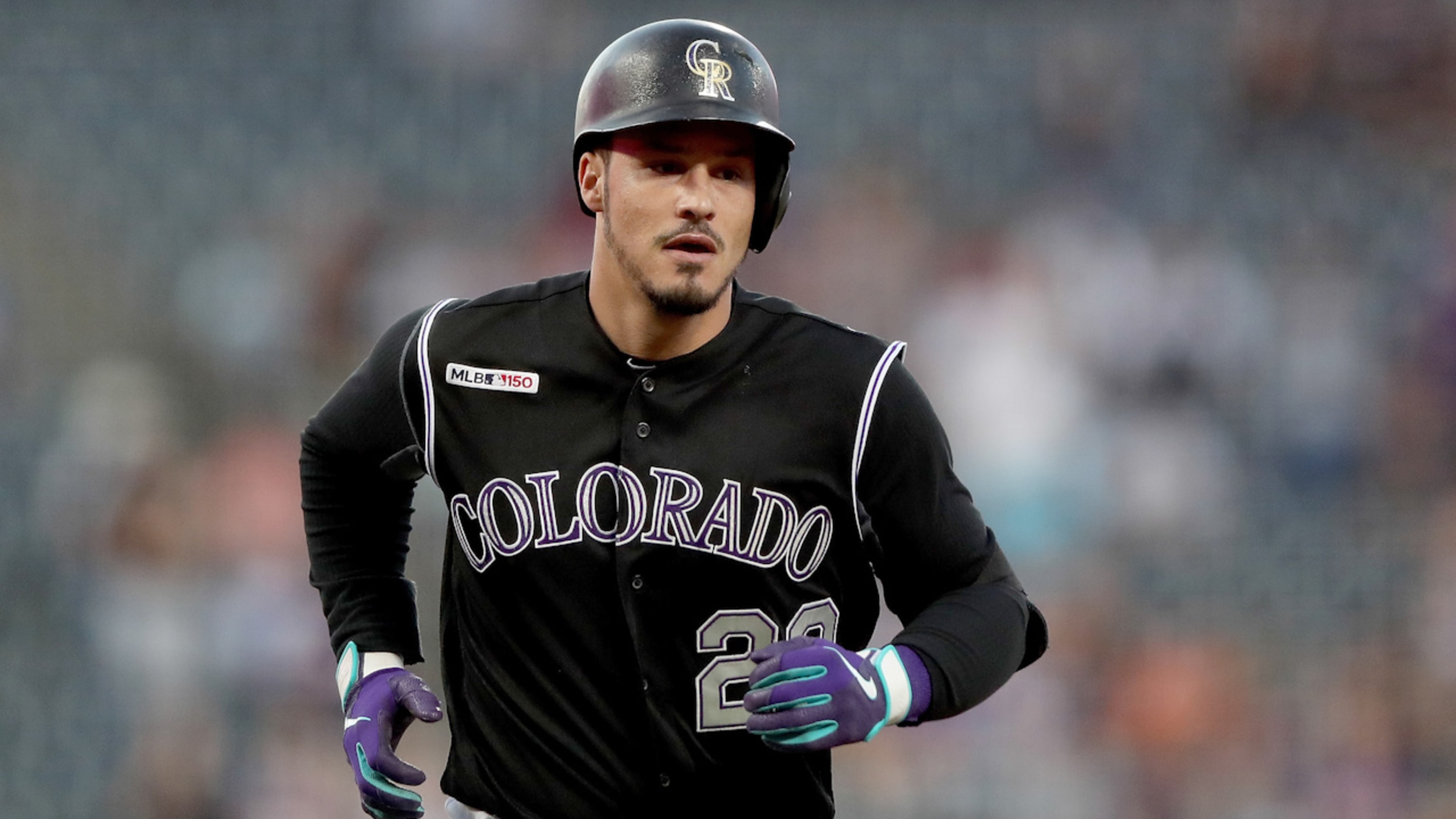 The jersey of Colorado Rockies third baseman Nolan Arenado hangs