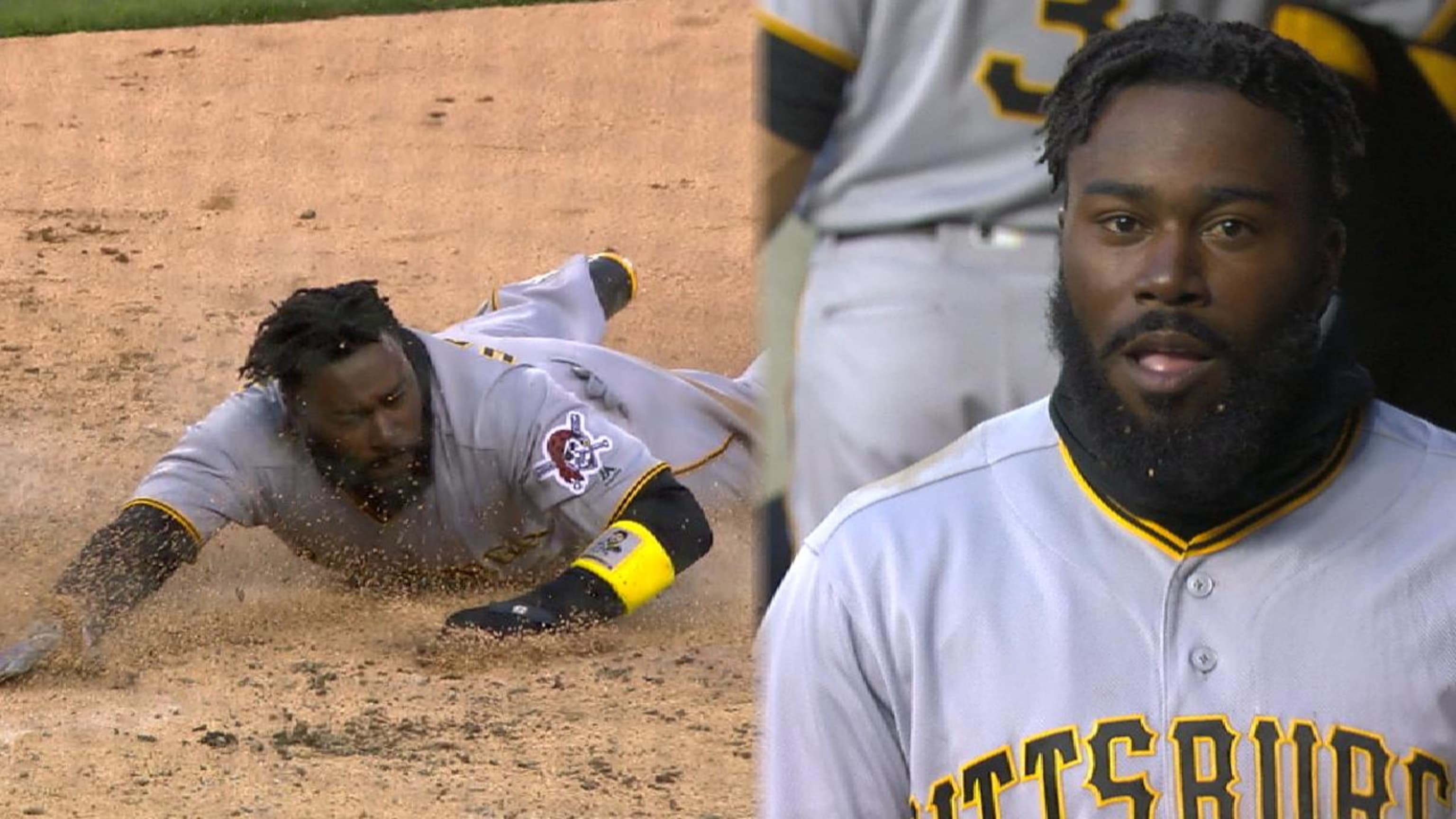 Josh Harrison had pebbles stuck in his beard after a headfirst