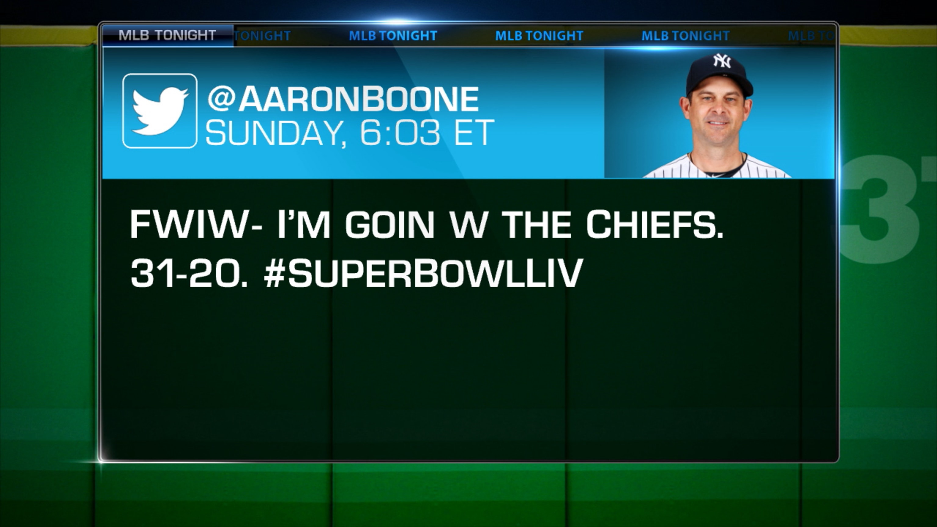 Nailed it! Yankees Manager Aaron Boone predicted Super Bowl score while in  CNY