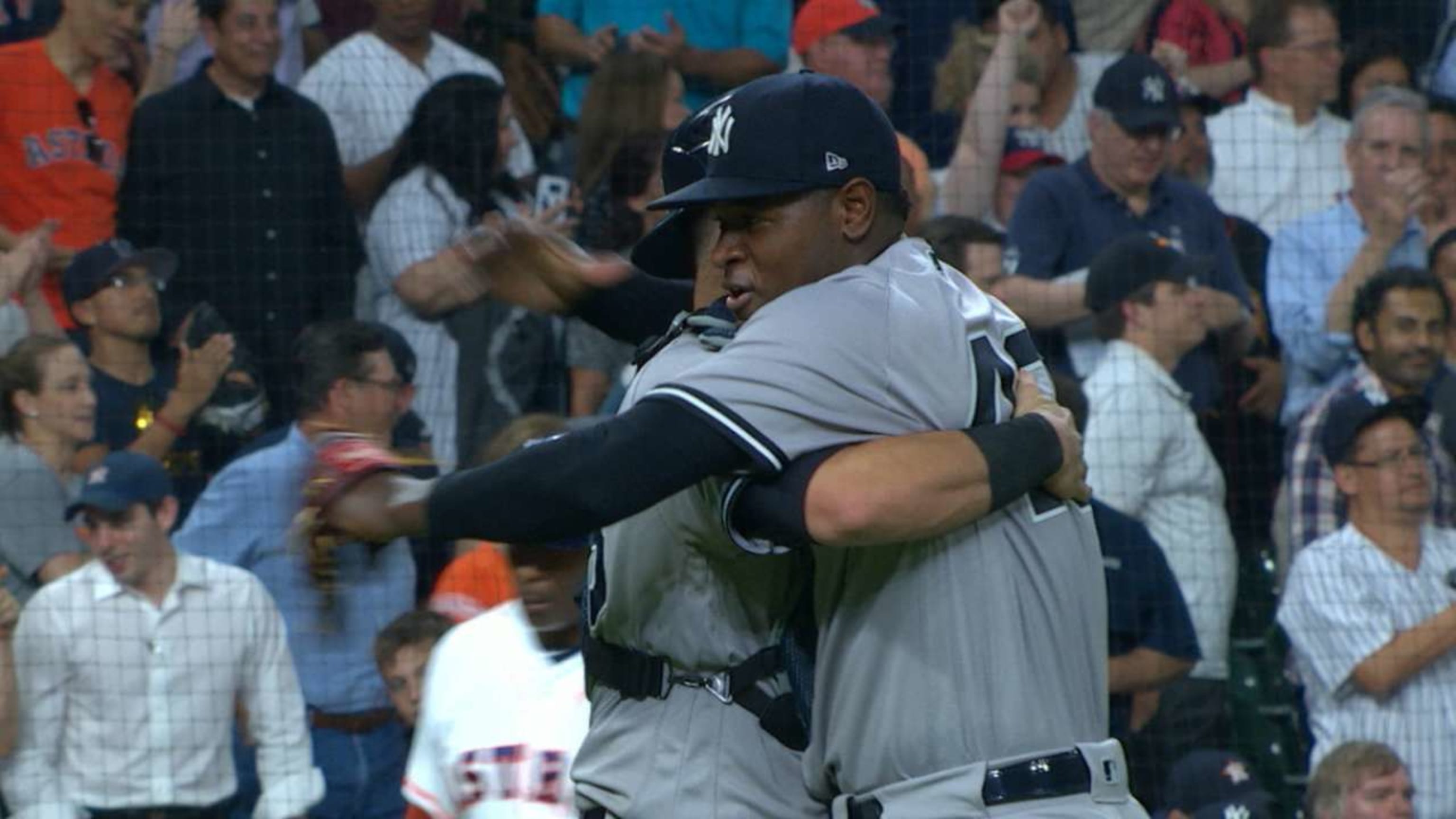 New York Yankees designated hitter Giancarlo Stanton breaks his bat on a  groundout during the sixth inning of the team's baseball game against the  Houston Astros, Saturday, Sept. 2, 2023, in Houston. (