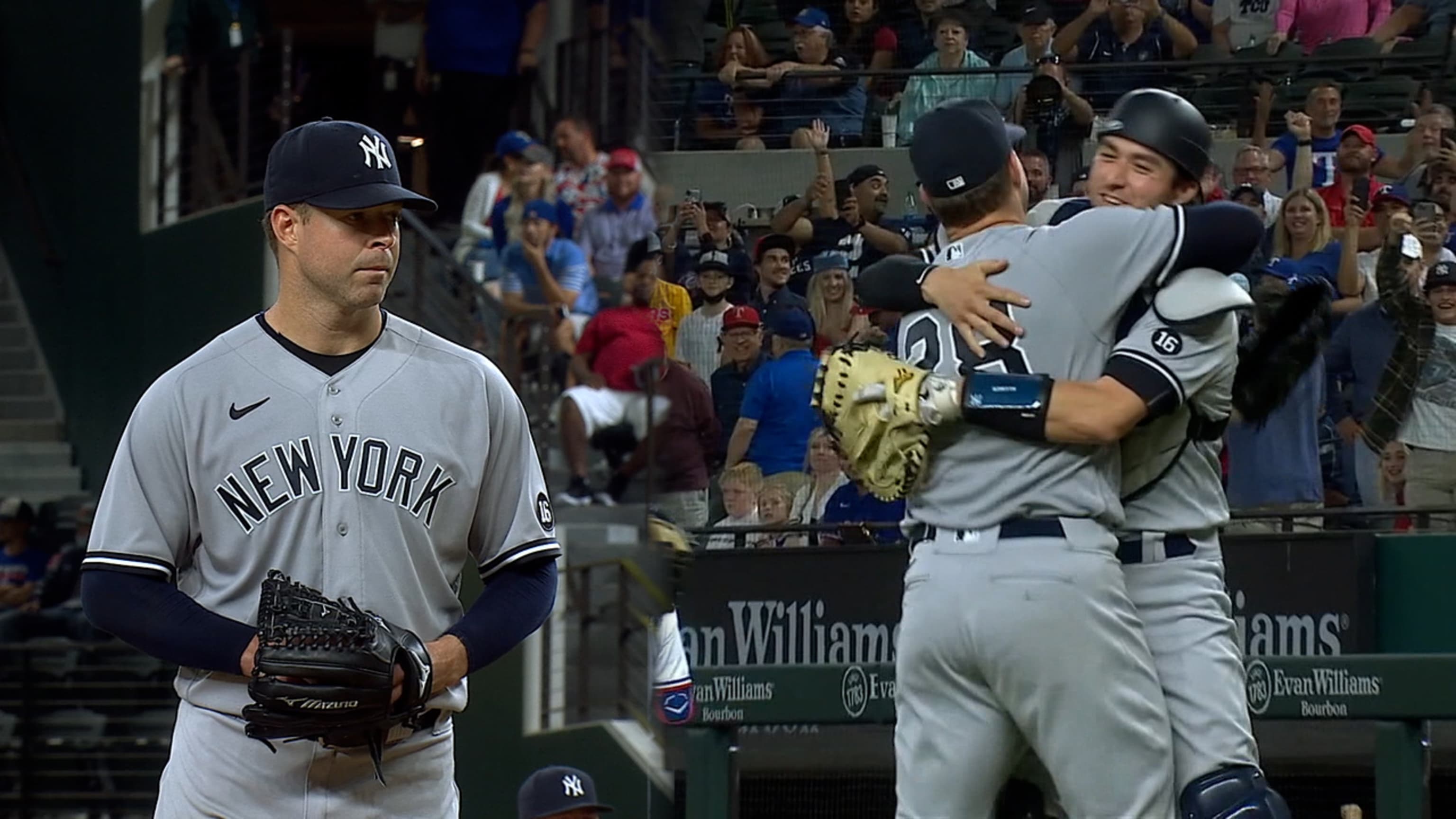 Corey Kluber New York Yankees Unsigned Embracing No-Hitter with Kyle Higashioka Photograph