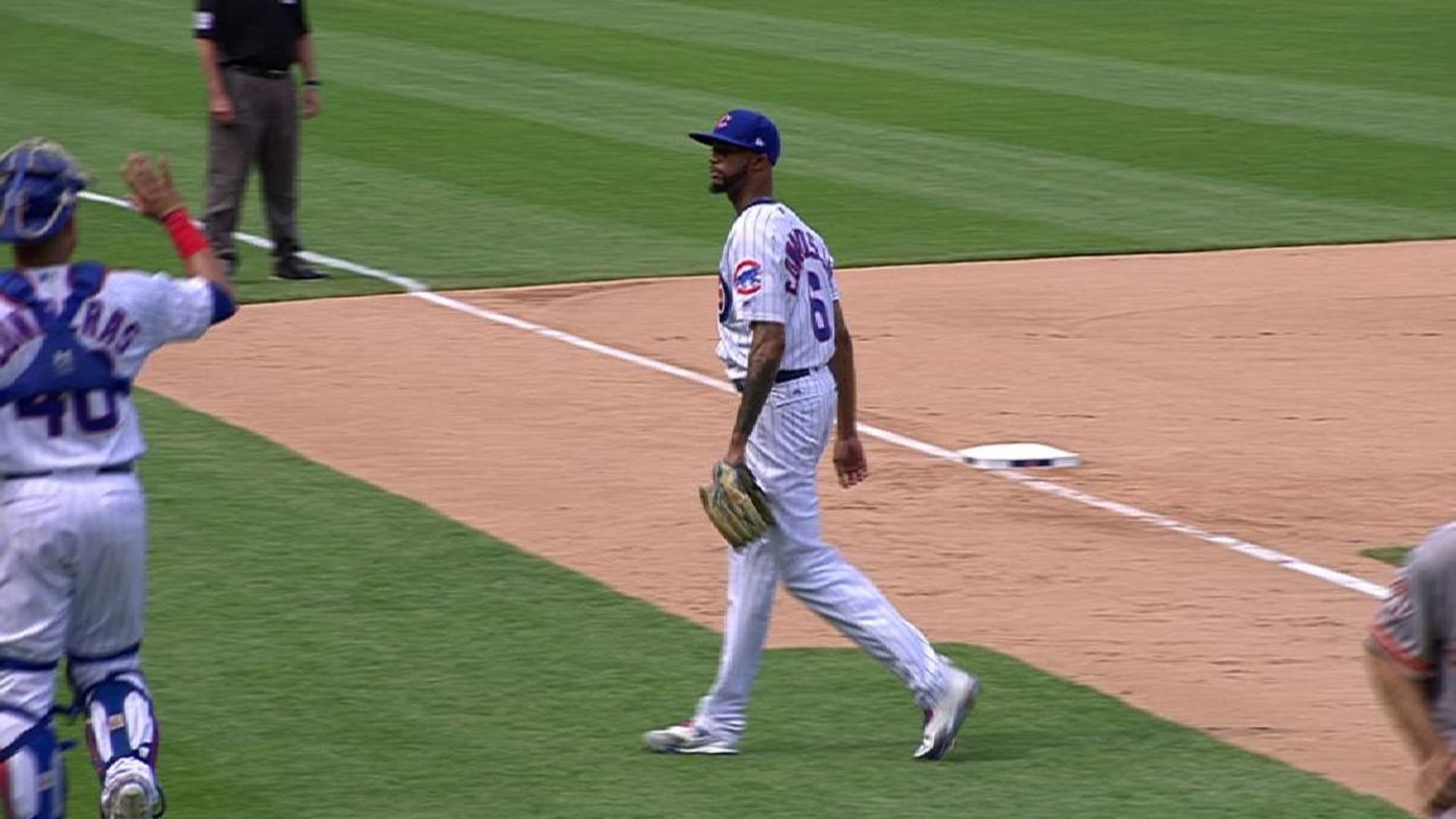 Edwards Jr. gets a K, bat flies