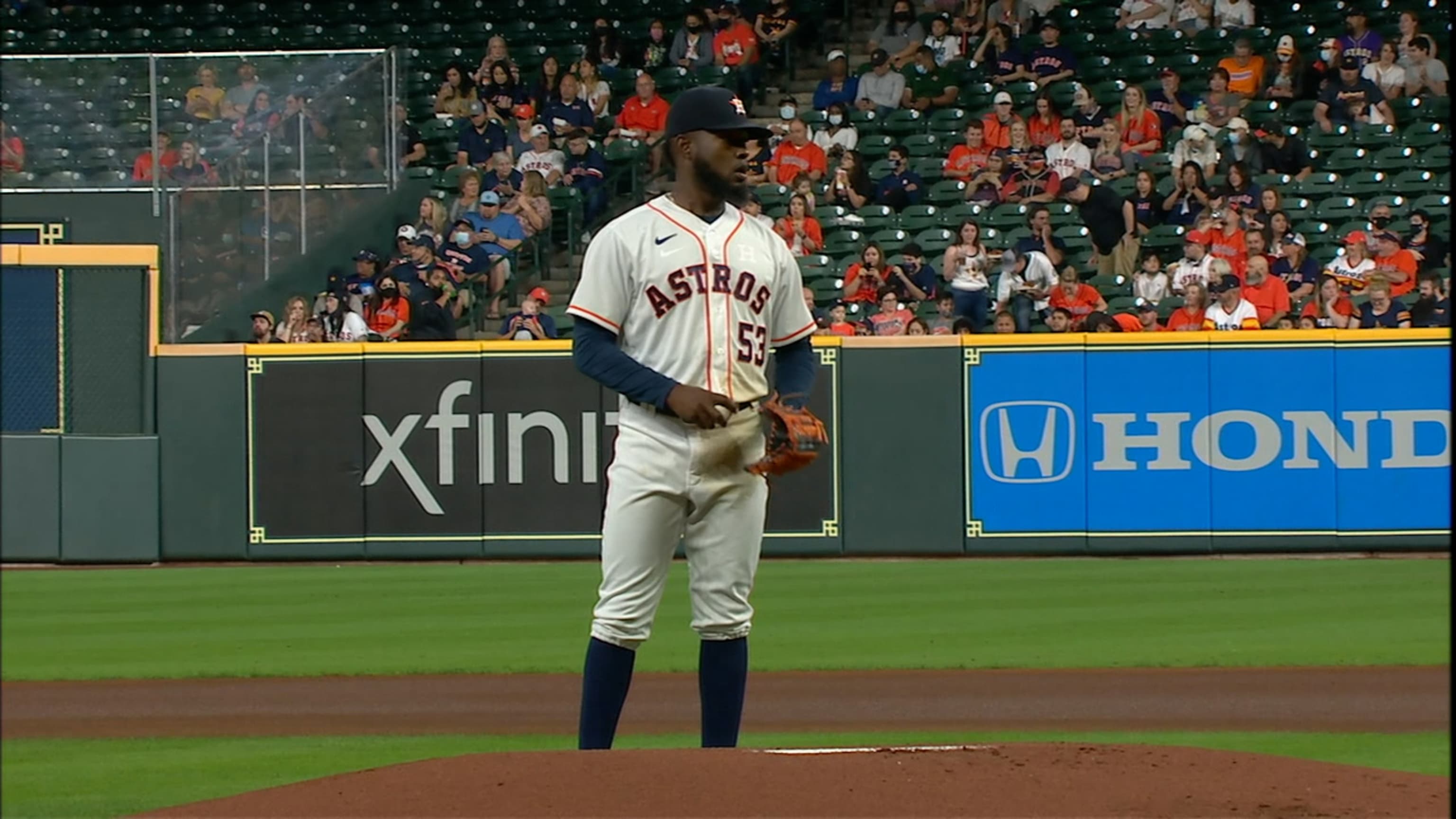 Houston, USA. 27th Oct, 2021. Houston Astros relief pitcher Cristian Javier  throws in the 6th inning in game two against the Atlanta Braves in the MLB World  Series at Minute Maid Park