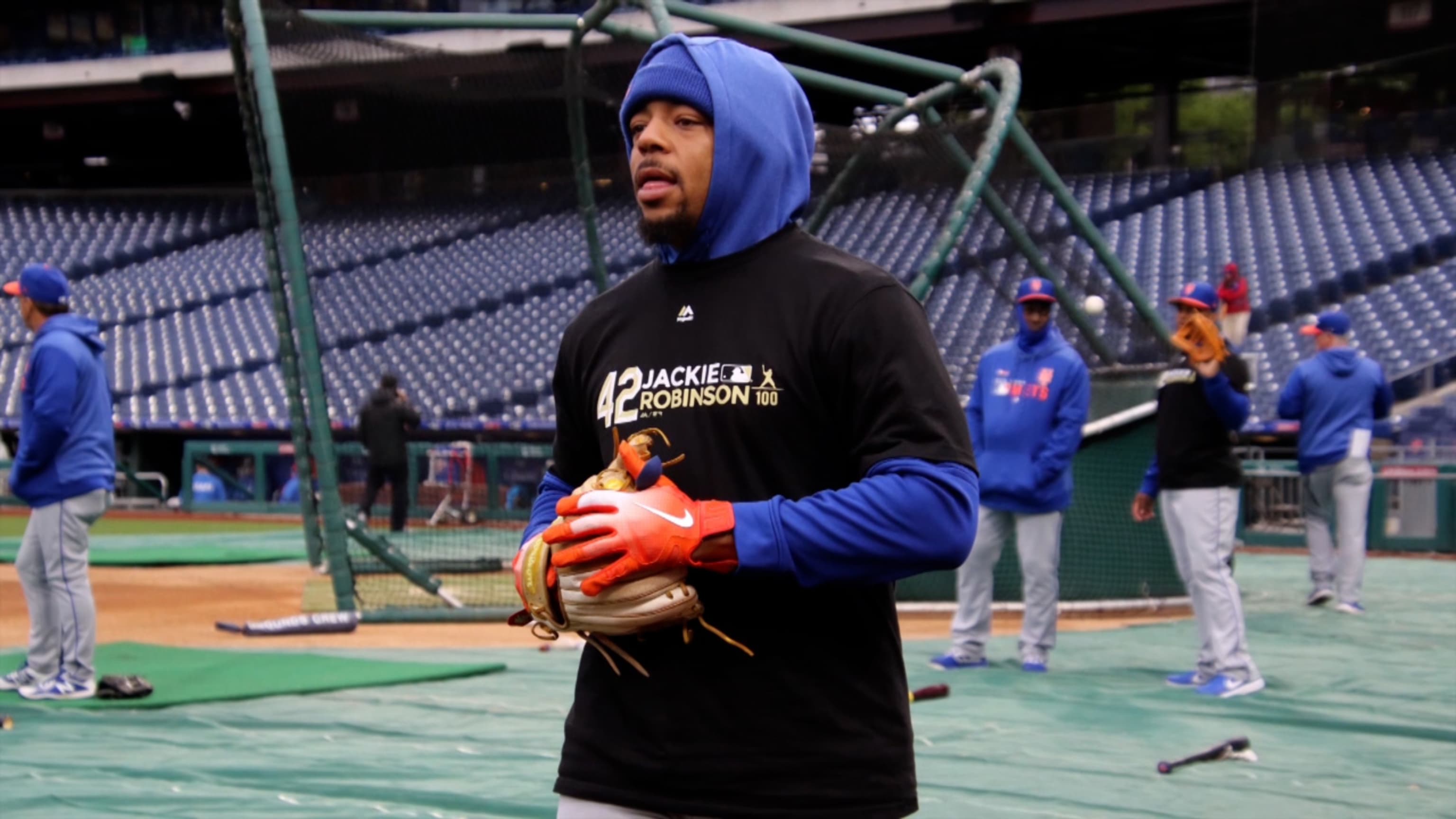 New York, United States. 15th Apr, 2022. New York Mets players all wear  number 42 in honor of Jackie Robinson Day before their game against the  Arizona Diamondbacks on opening day at