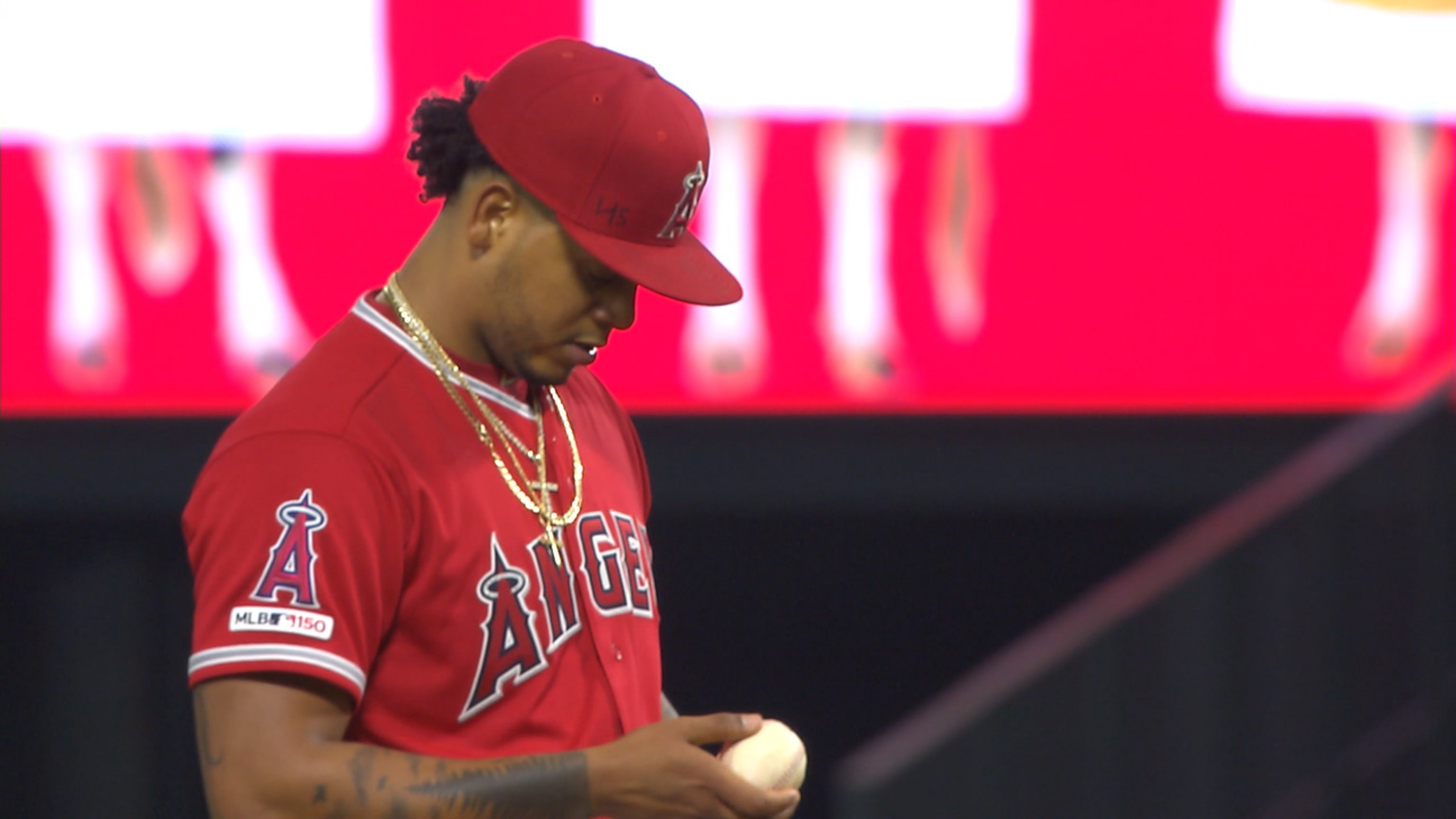 Members of the Los Angeles Angels place their jerseys with No. 45 in honor  of pitcher Tyler Skaggs on the mound after a combined no-hitter against the  Seattle Mariners during a baseball