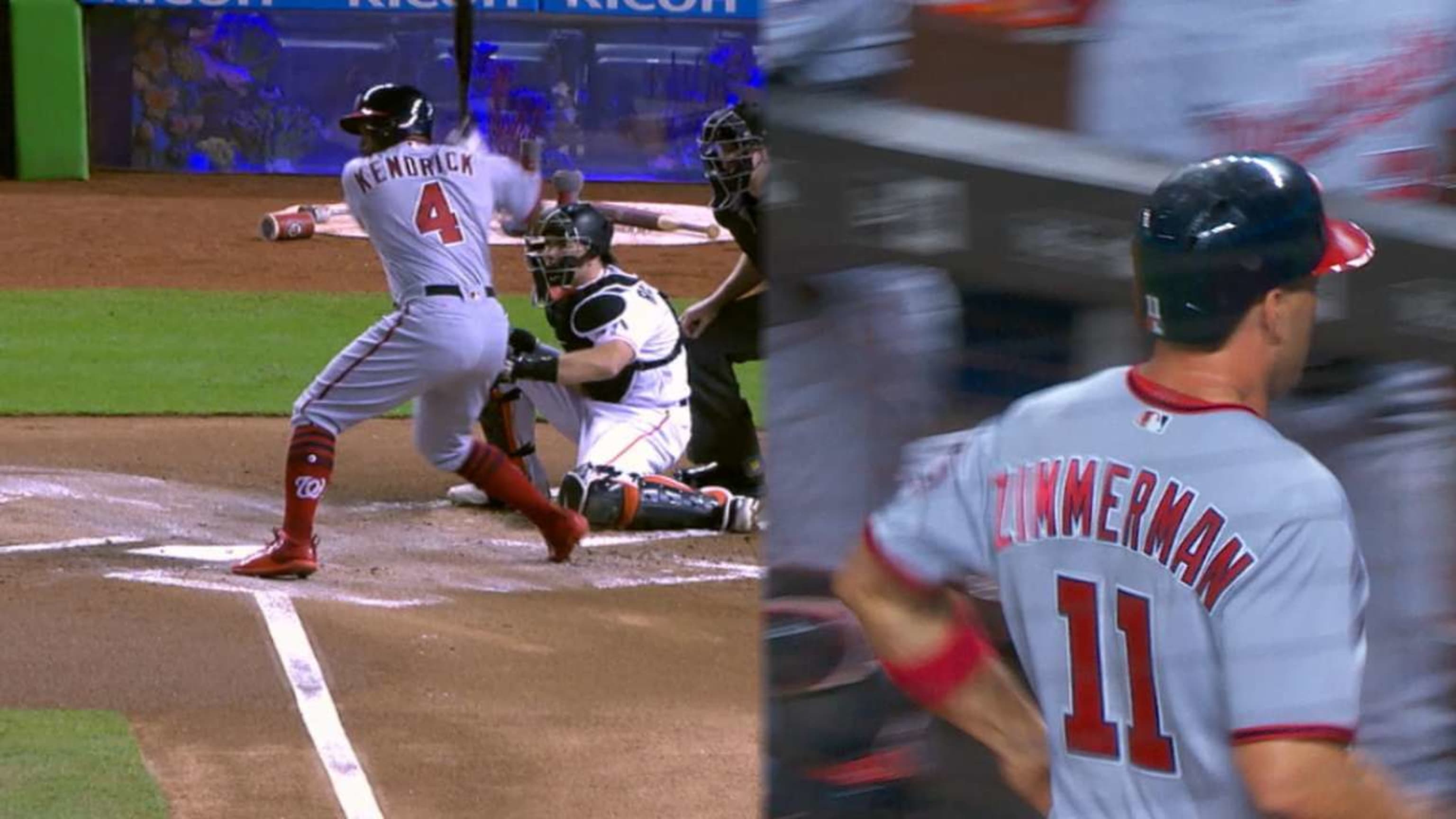 Washington Nationals' Ryan Zimmerman is wearing a jersey spelled Natinals  after hitting a single to center field during the third inning of a  baseball game against the Florida Marlins in Washington, Friday