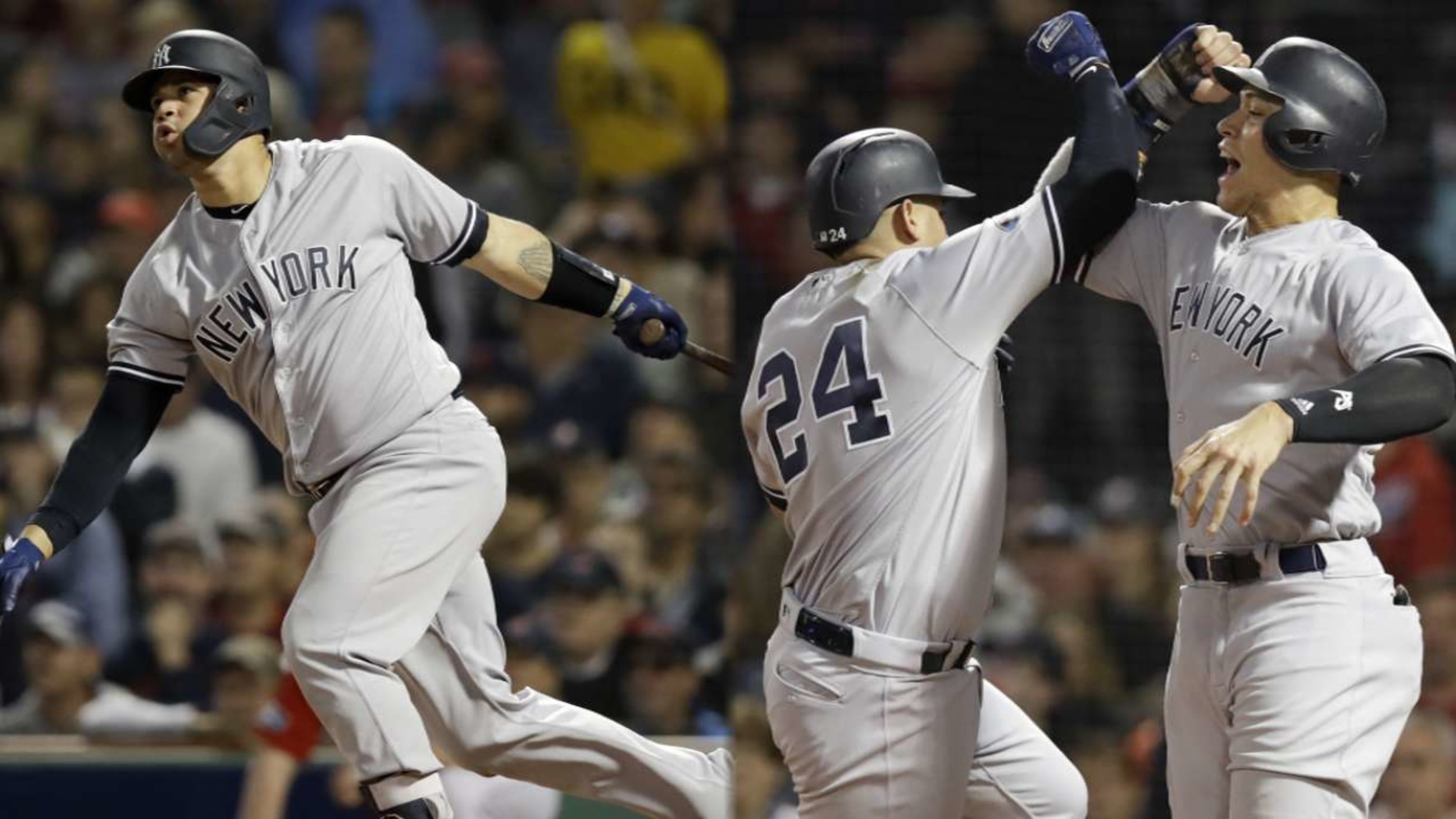New York Yankees catcher GARY SANCHEZ celebrates his first of 2 home runs