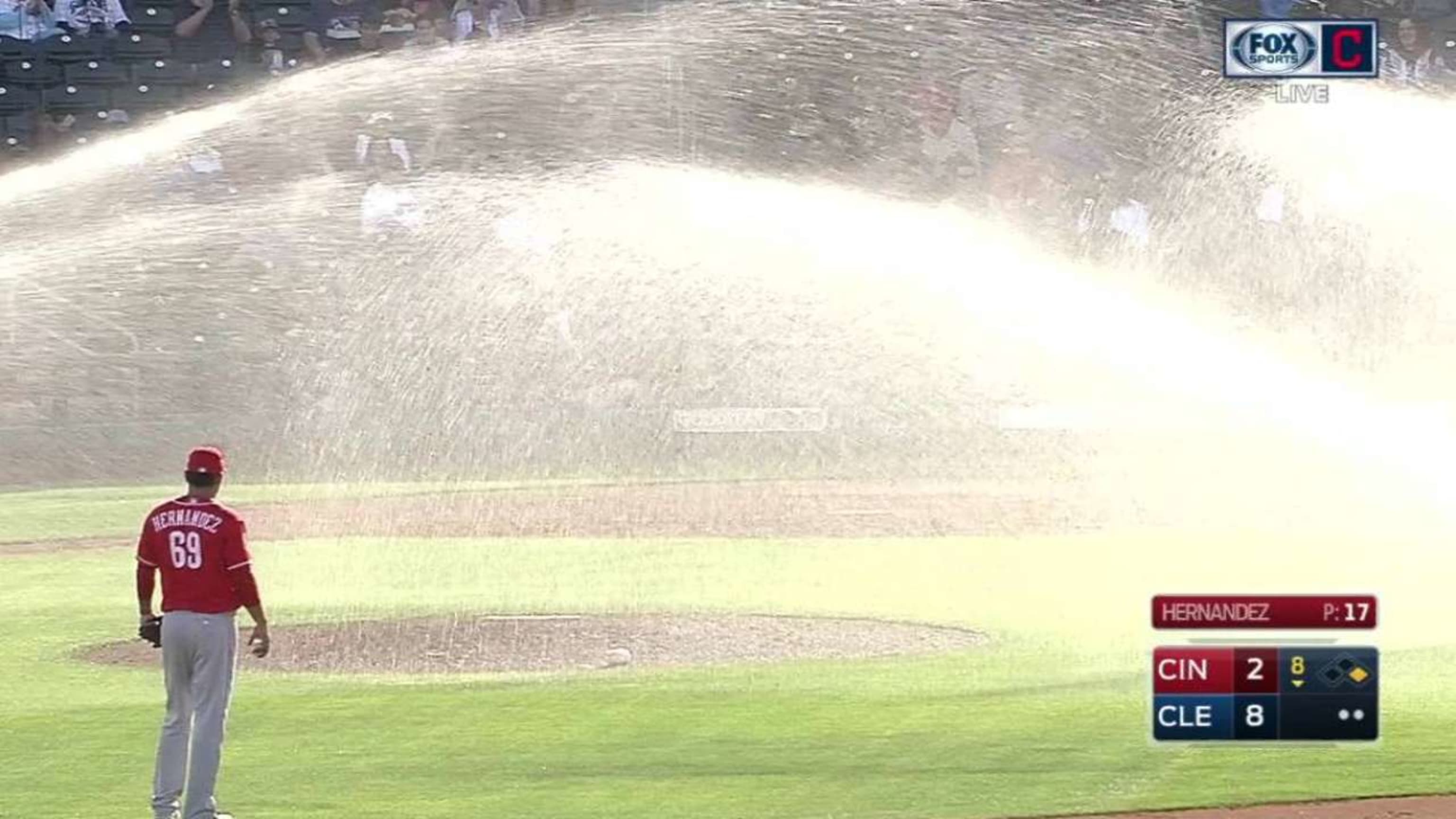 Todays Reds-Indians game was briefly interrupted by an impromptu sprinkler show MLB