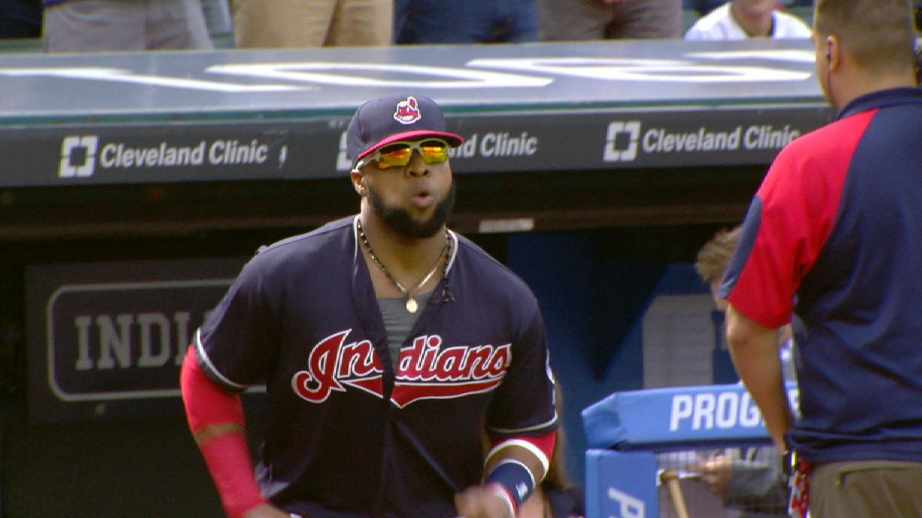 Indians' Carlos Santana wears retired, controversial logo under