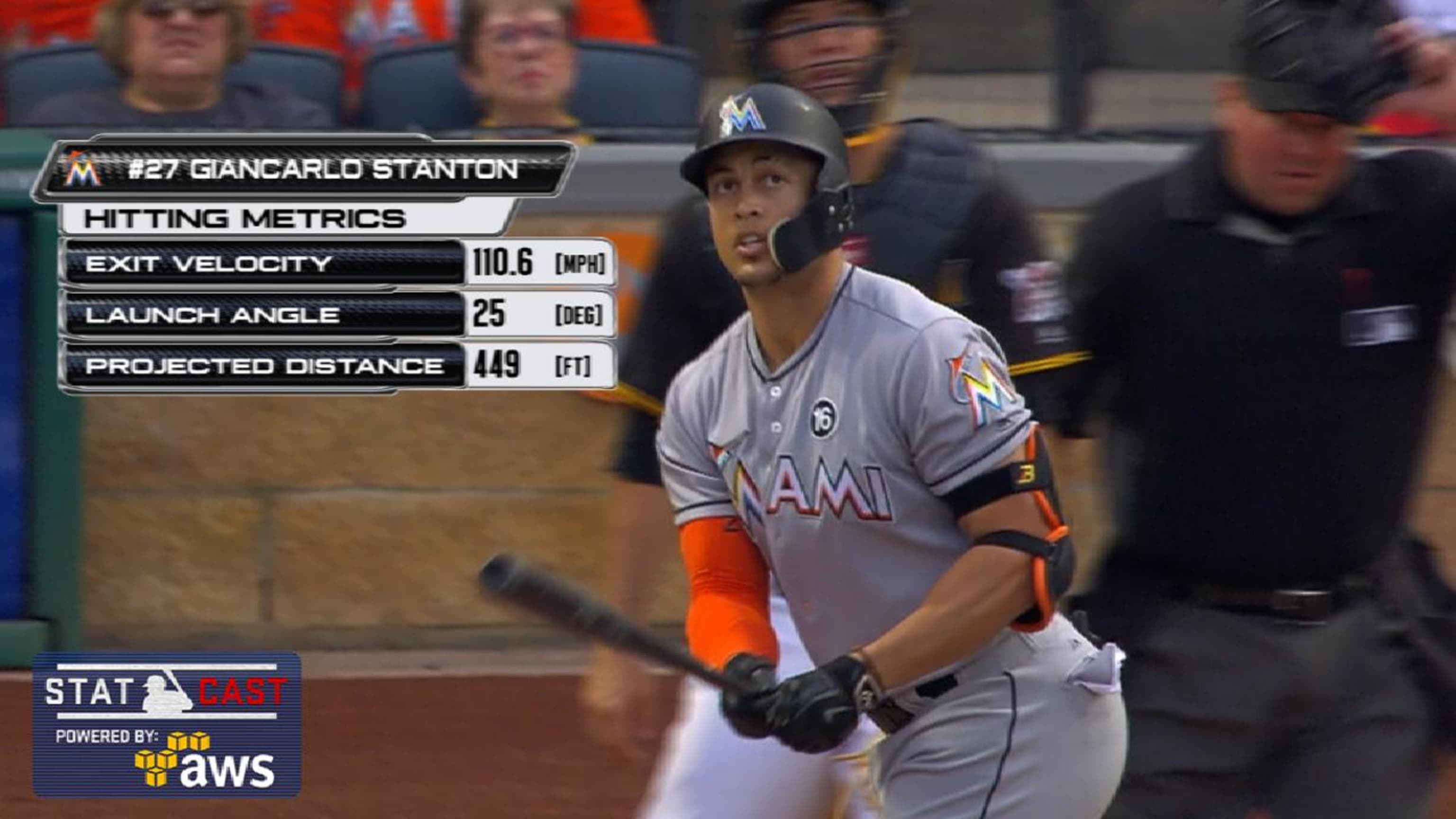 Miami Marlins right fielder Giancarlo Stanton reacts after