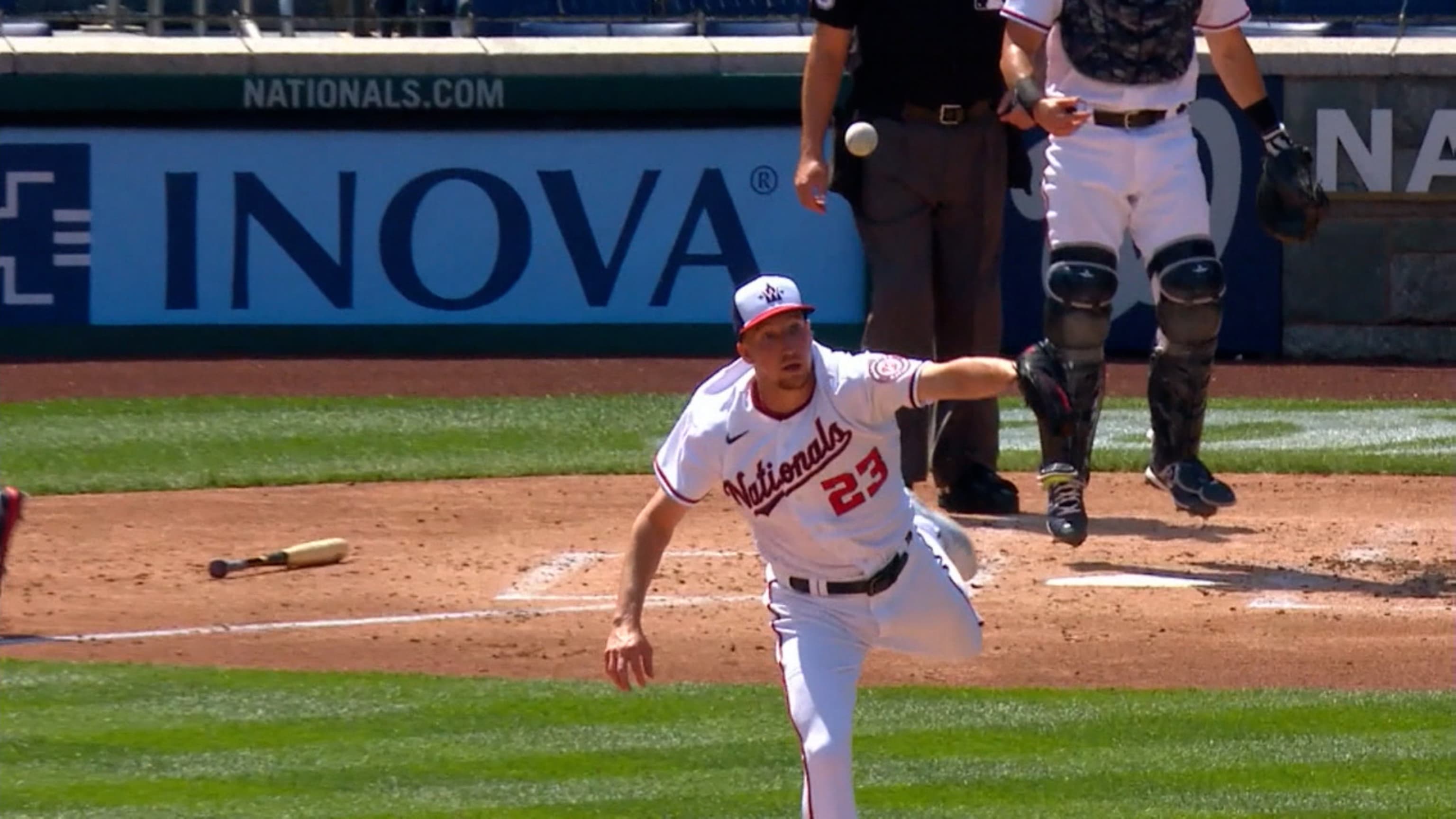 Max Fried exits after being hit by comebacker