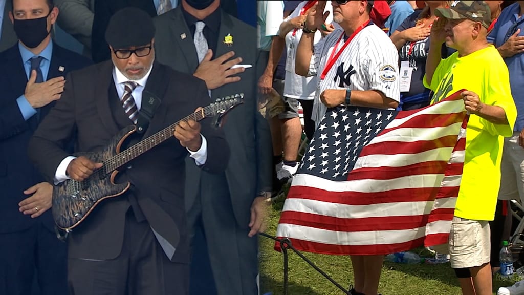 July 11, 2018 - Trenton, New Jersey, U.S - BERNIE WILLIAMS, retired New  York Yankee, rehearses a few hours before his guitar performance of the  national anthem for the Eastern League All-Star