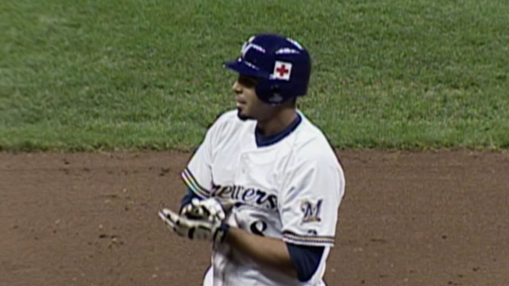 Nelson Cruz stands on second base after getting his first Major League hit, a double. It was his only hit as a Milwaukee Brewers player.