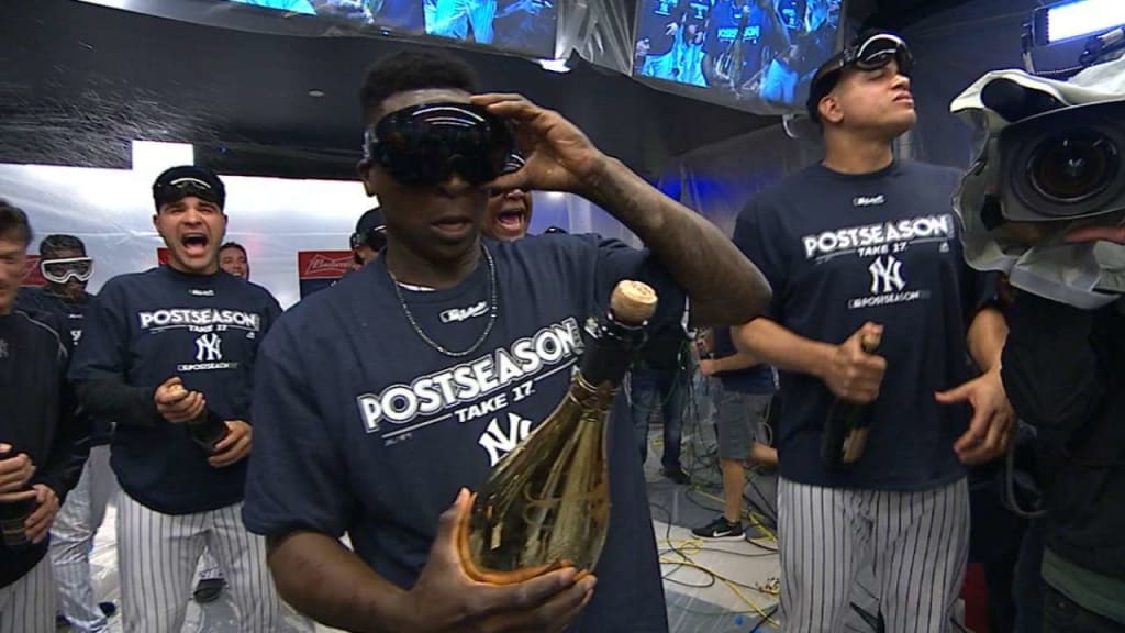 The New York Yankees celebrate their win after a baseball game