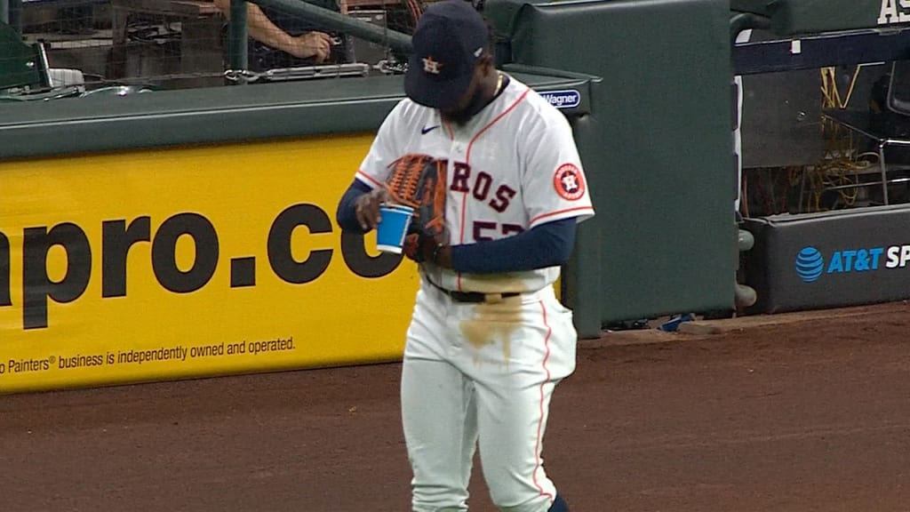 Watch Astros' Cristian Javier spill coffee on himself then dominate