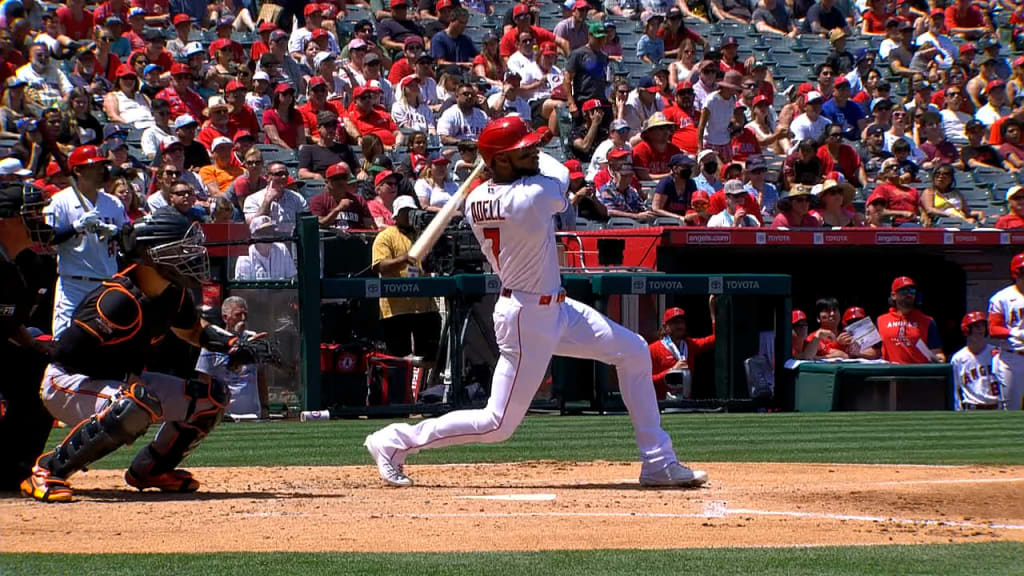 Los Angeles Angels' Jo Adell (7) bats against the Cleveland