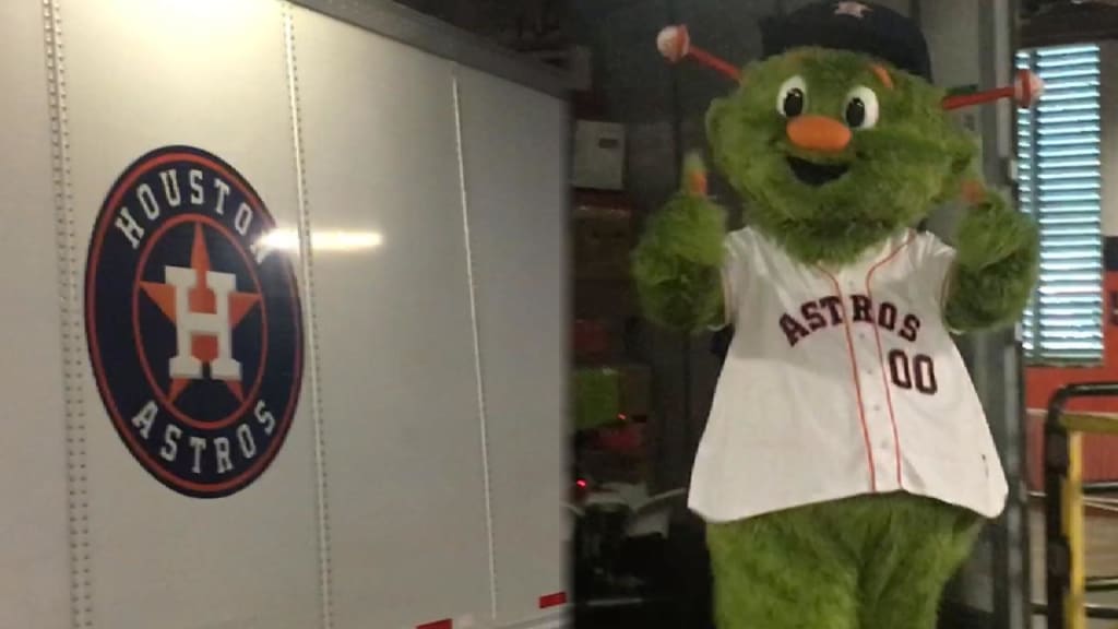 Houston Astros mascot Orbit promotes his birthday during BP 