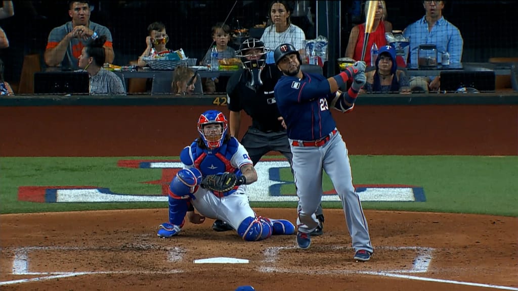 American League's Nelson Cruz of the Texas Rangers hits a pitch