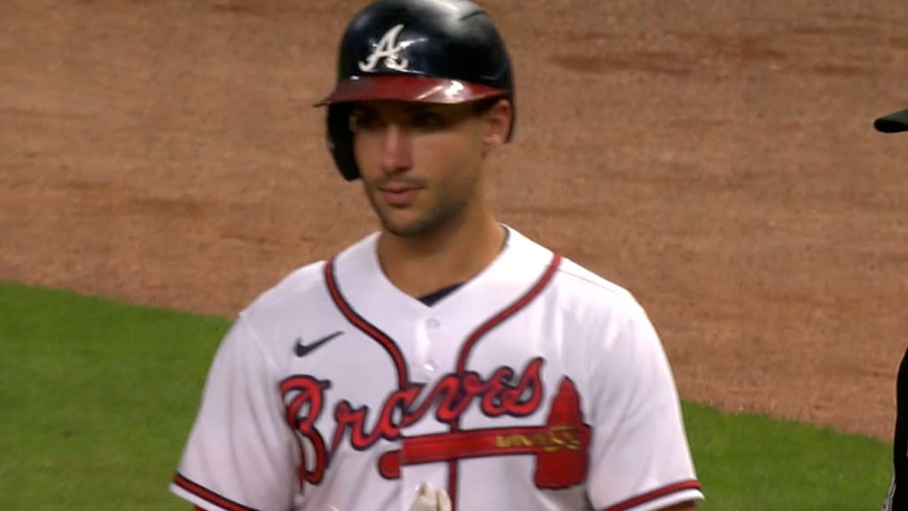 Matt Olson of the Atlanta Braves hits a RBI single in the first