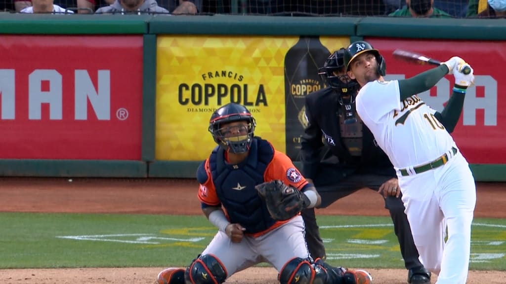 Chad Pinder smoked a foul ball behind him that left a Petco Park