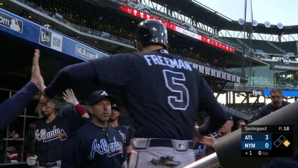 The Atlanta Braves' Freddie Freeman reacts to hitting a game-winning RBI  single in the 10th inning to beat the Minnesota Twins, 5-4, at Turner Field  in Atlanta, Georgia, Tuesday, May 21, 2013. (