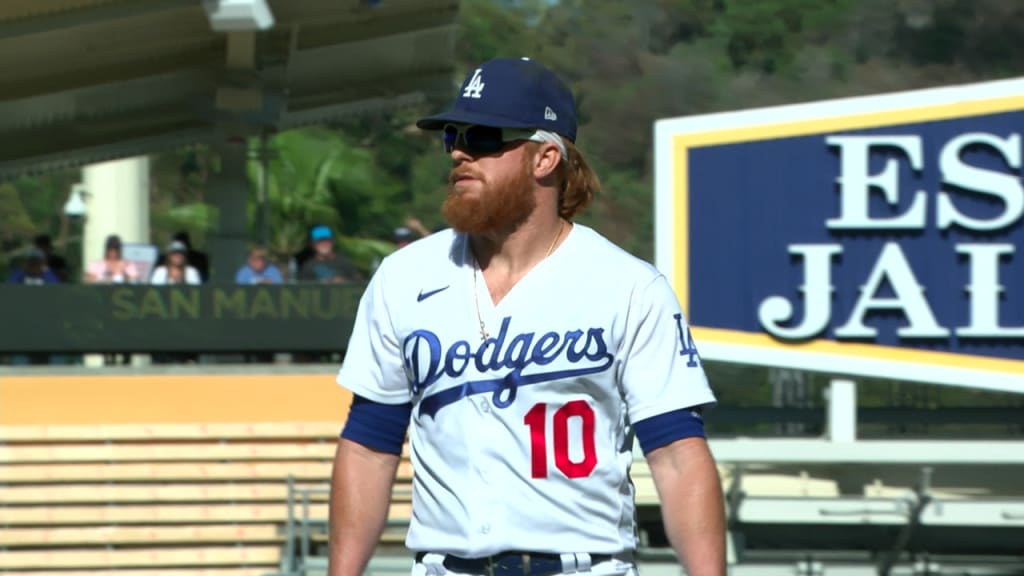 Los Angeles Dodgers' Justin Turner (21) stands at first base during the  second inning of a baseball game Wednesday, Sept. 15, 2021, in Los Angeles.  Turner wore jersey number 21 in honor