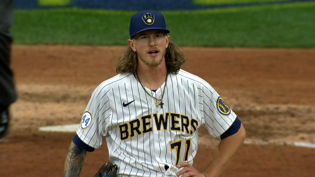 Josh Hader 2021 Game-Used Home Pinstripe Jersey (04/30/21: 1.0 IP, 0 R, 0  H, 0 BB, 3 SO, Save #7)