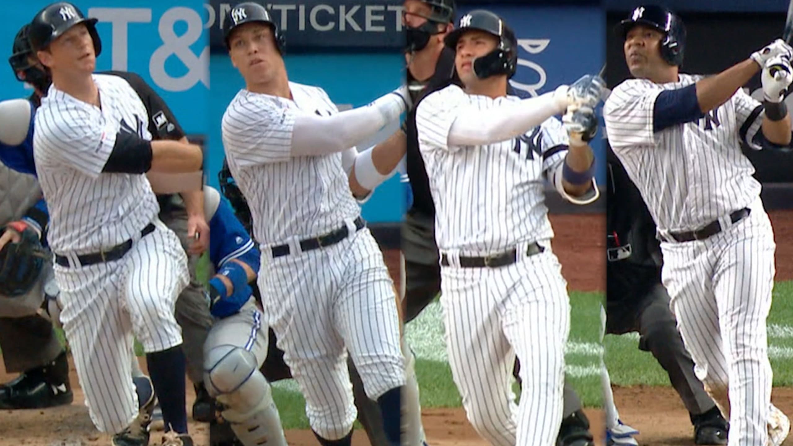 New York Yankees Gary Sanchez, right, celebrates his two=run home run with Miguel  Andujar during the seventh inning of the team's baseball game against the  Toronto Blue Jays, Wednesday, June 16, 2021