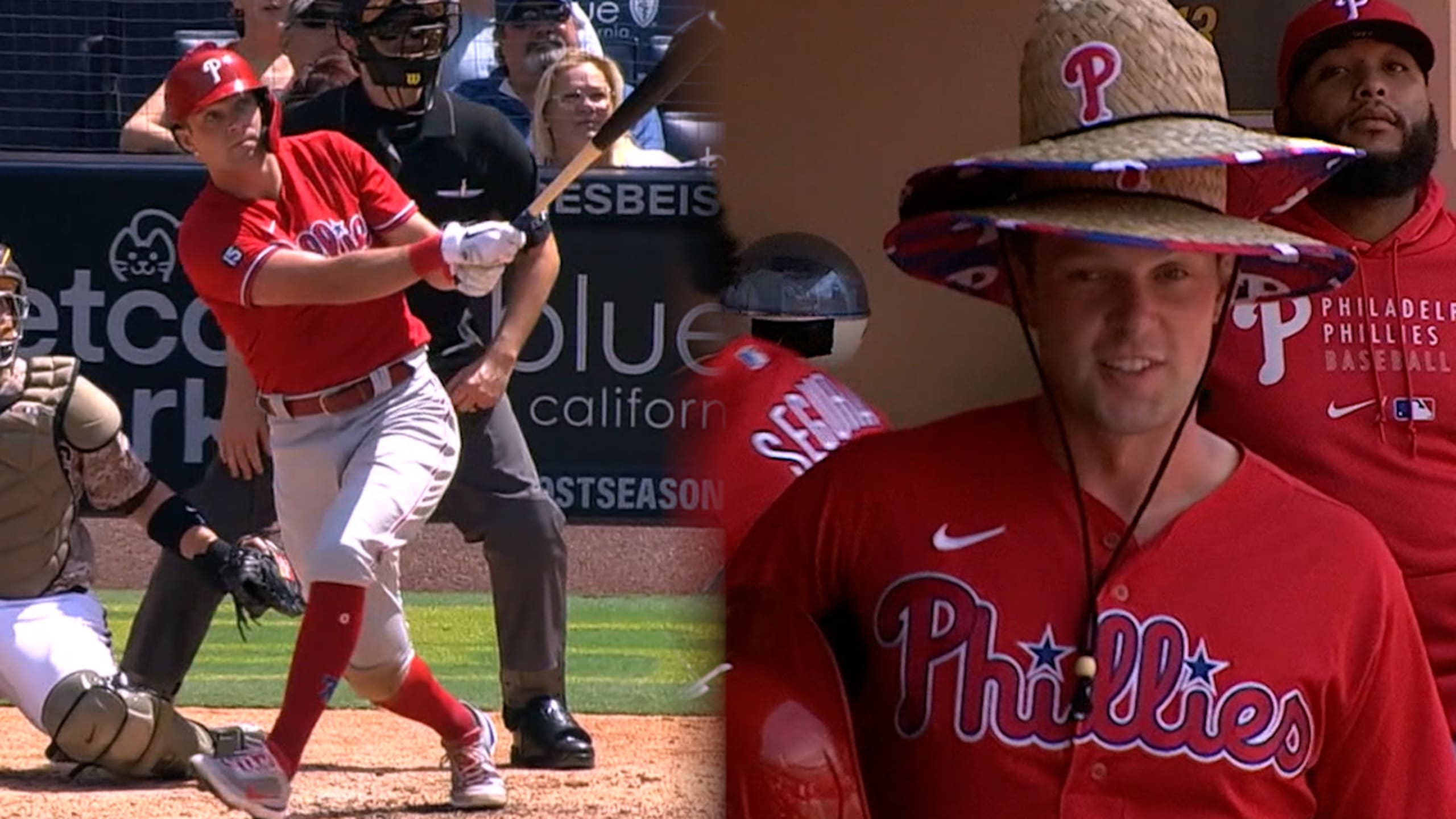 Philadelphia Phillies - Rhys Hoskins and Alec Bohm, wearing the red  pinstripe uniforms, celebrating after the Phillies win the game.