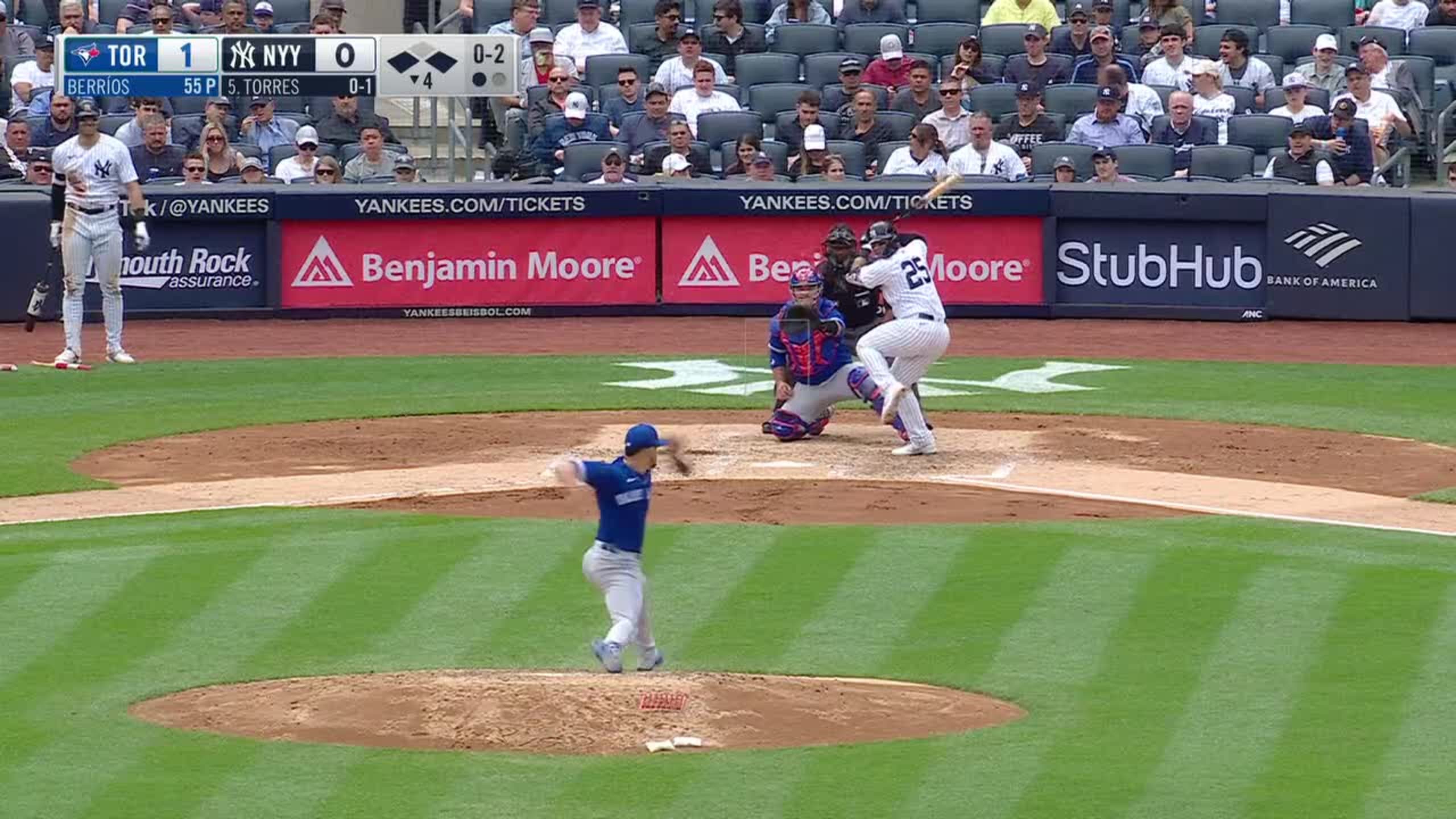 Bronx, United States. 27th May, 2021. New York Yankees starting pitcher  Domingo German (55) pitches in the first inning of Game 1 of a doubleheader  against the Toronto Blue Jays at Yankee