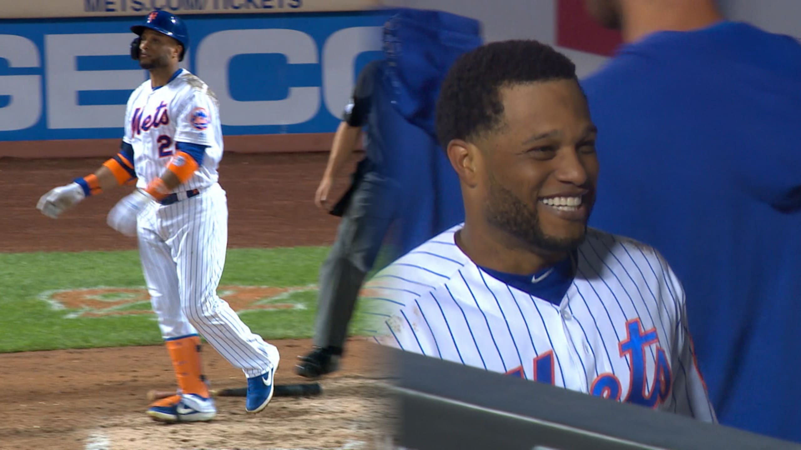 New York Mets' Wilson Ramos celebrates with Carlos Gomez (91