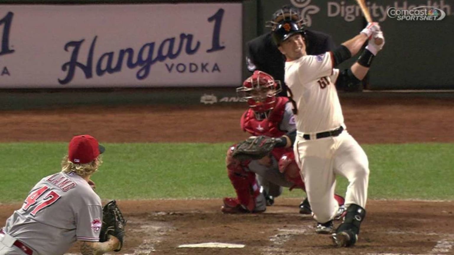 9/15/15: Buster Posey belts a towering three-run homer to left off John Lam...