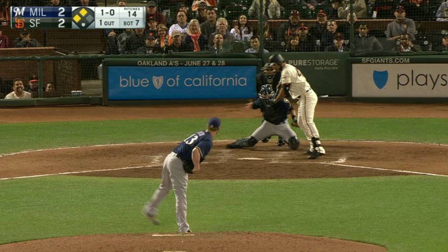 Will Smith throws his second consecutive wild pitch, allowing Angel Pagan t...