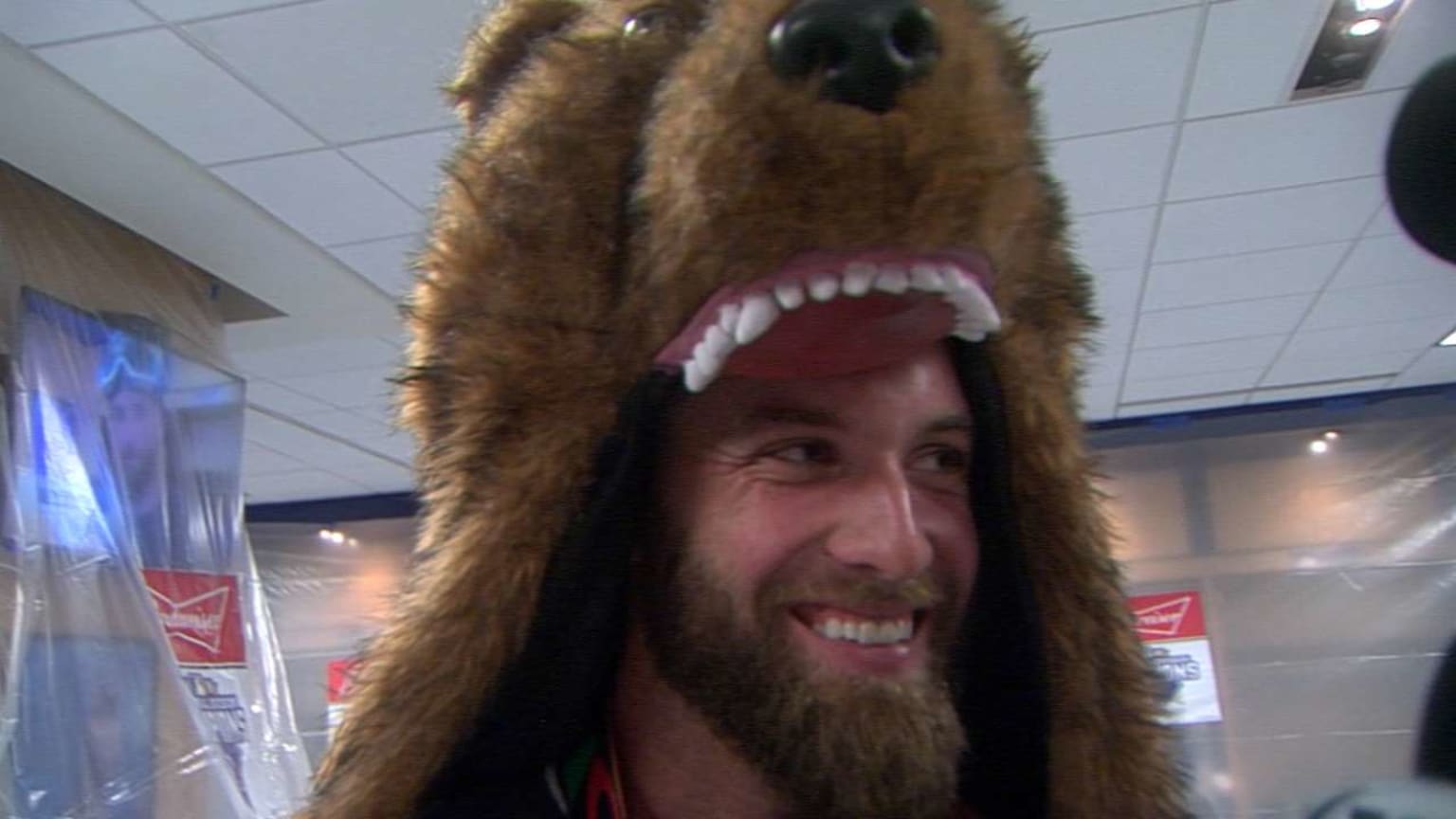 Duffy wears a bear suit