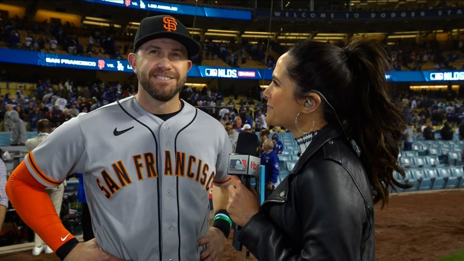 Evan Longoria's wife playfully remarks about the All-Star's sculpted  baseball pants during the MLB game