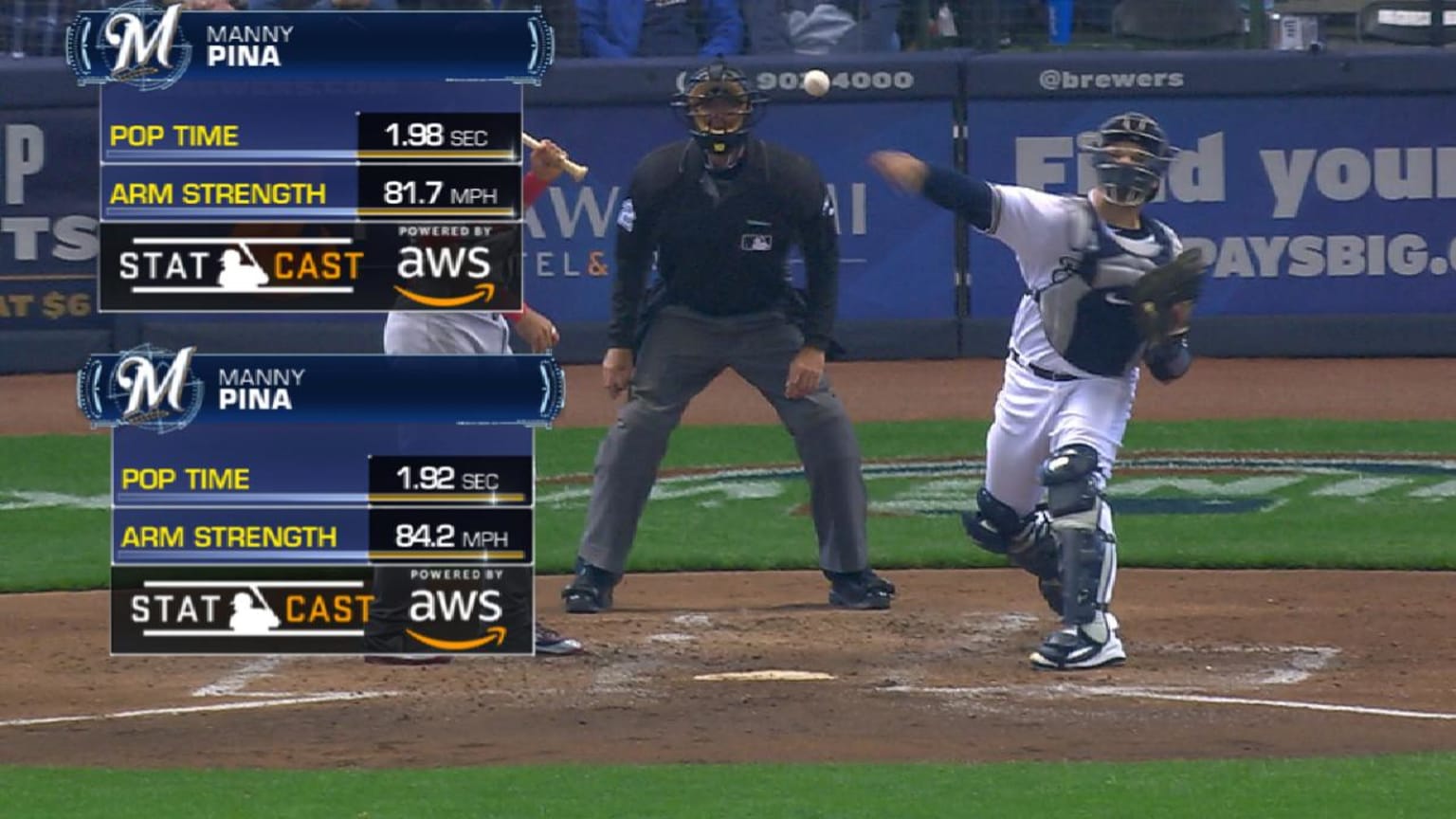 Statcast Pina's two throw outs 04/02/2018 Milwaukee Brewers