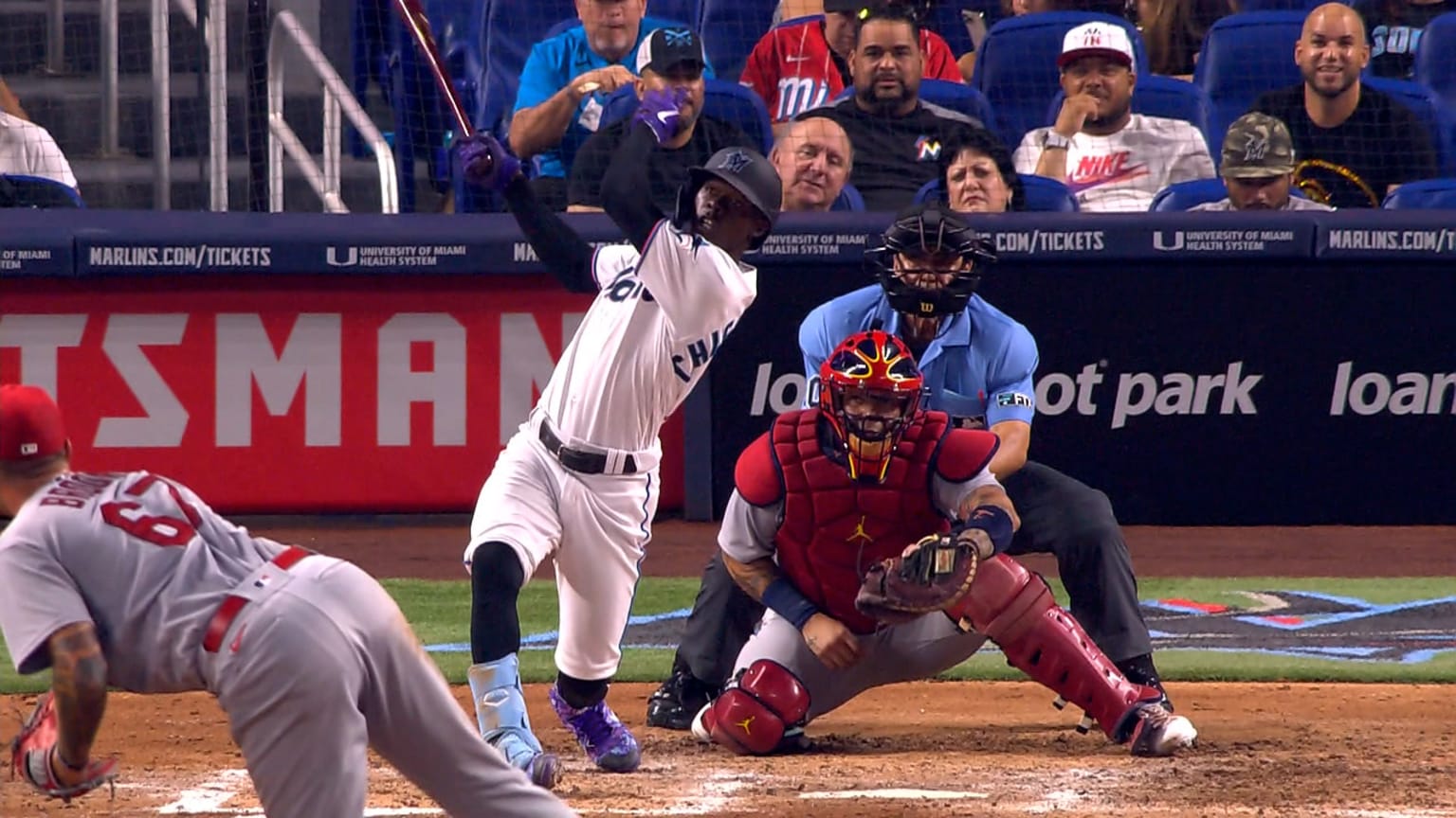 Miami Marlins' Jazz Chisholm Jr. runs after hitting a single