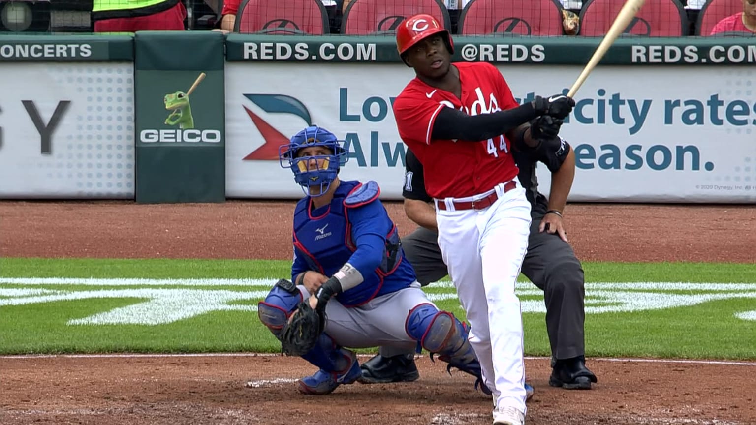 Aristides Aquino -- 2021 Los Rojos Jersey -- Game Used from Sept 24  (Defensive Replacement at LF: Went 2-for-2, RBI) -- Recorded First Career  Walk-Off Hit in the 11th Inning -- Size: 46