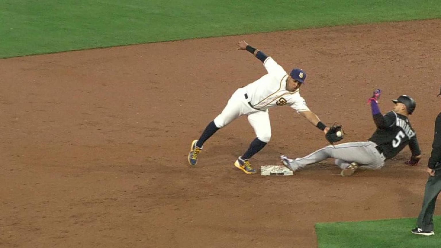 Trevor Story singles on a soft ground ball to third ...
