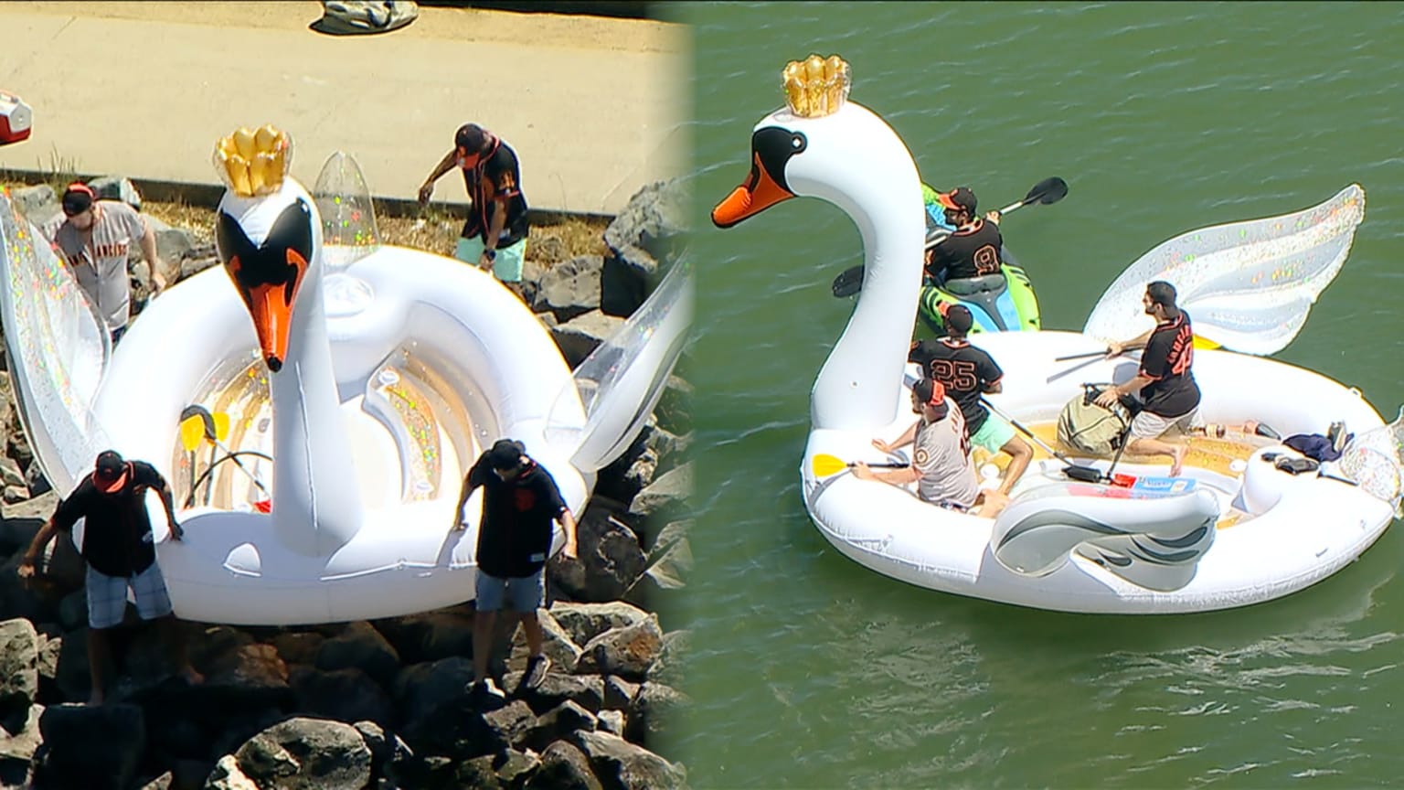 CHC@SF: Giants' fans ride inflatable swan in Cove | 07/24/2019 | San ...