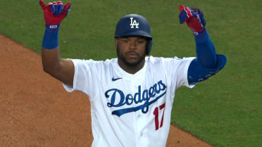 Los Angeles Dodgers' Hanser Alberto (17) scores on a double hit by