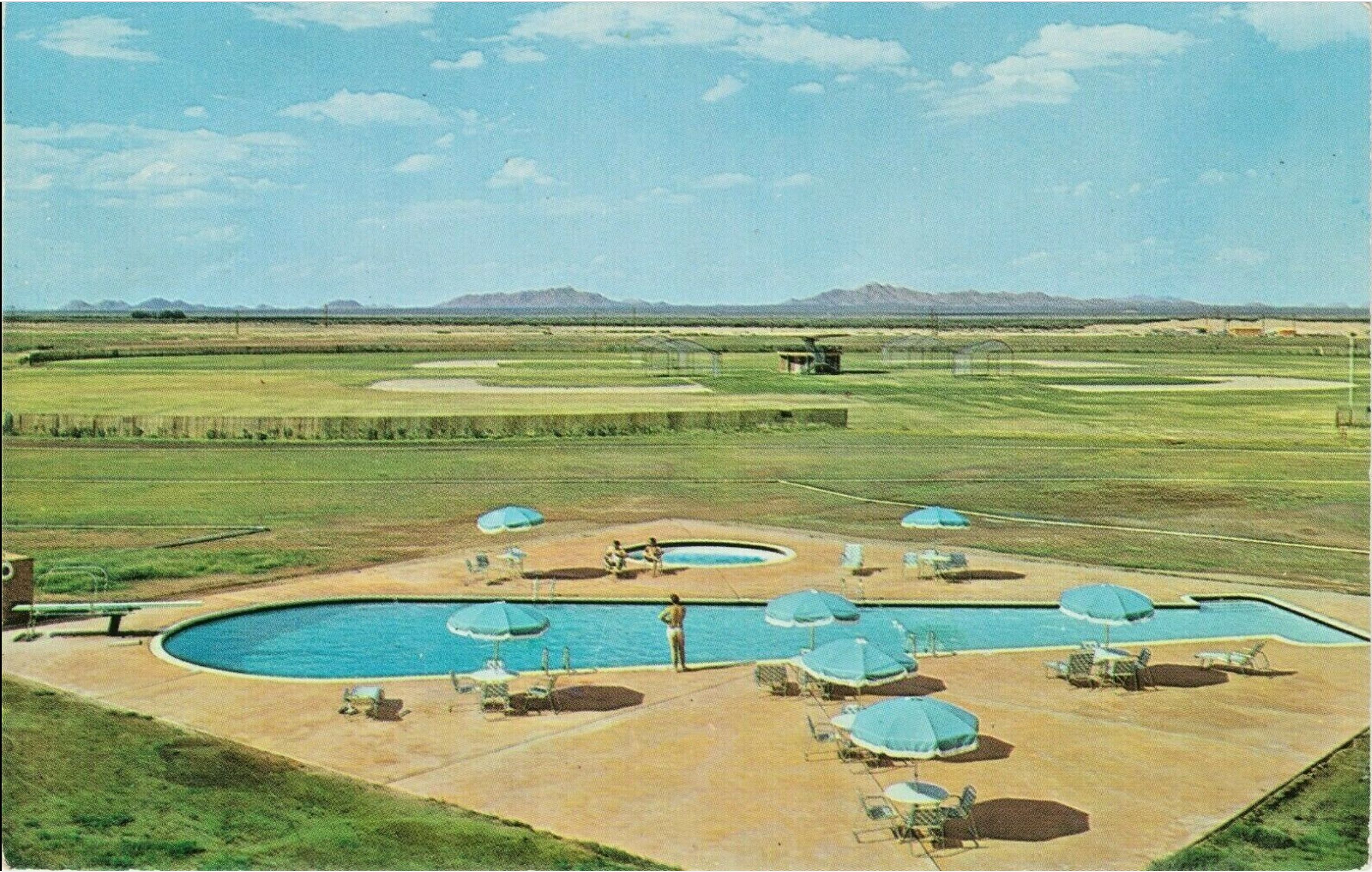 Casa Grande's baseball-bat shaped pool. (Postcard screengrab via eBay)